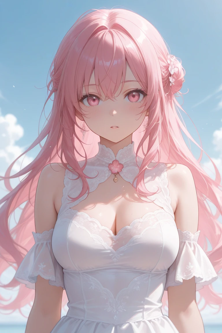 女の子1人、encrusted with pink and red hearts、、Too large breasts、cleavage of the breast、Dress with plenty of pink heart lace.、Large ribbon、lace cape、Lace veil、Eyes of Hearts、Her pale, Soft, Long hair studded with pale hearts..、A smile、Navel Ejection、pink hearts and frills、Princess Heartluffy cute background、pale heart、Pastel tones、Collect hearts under the sunlight、heart girl