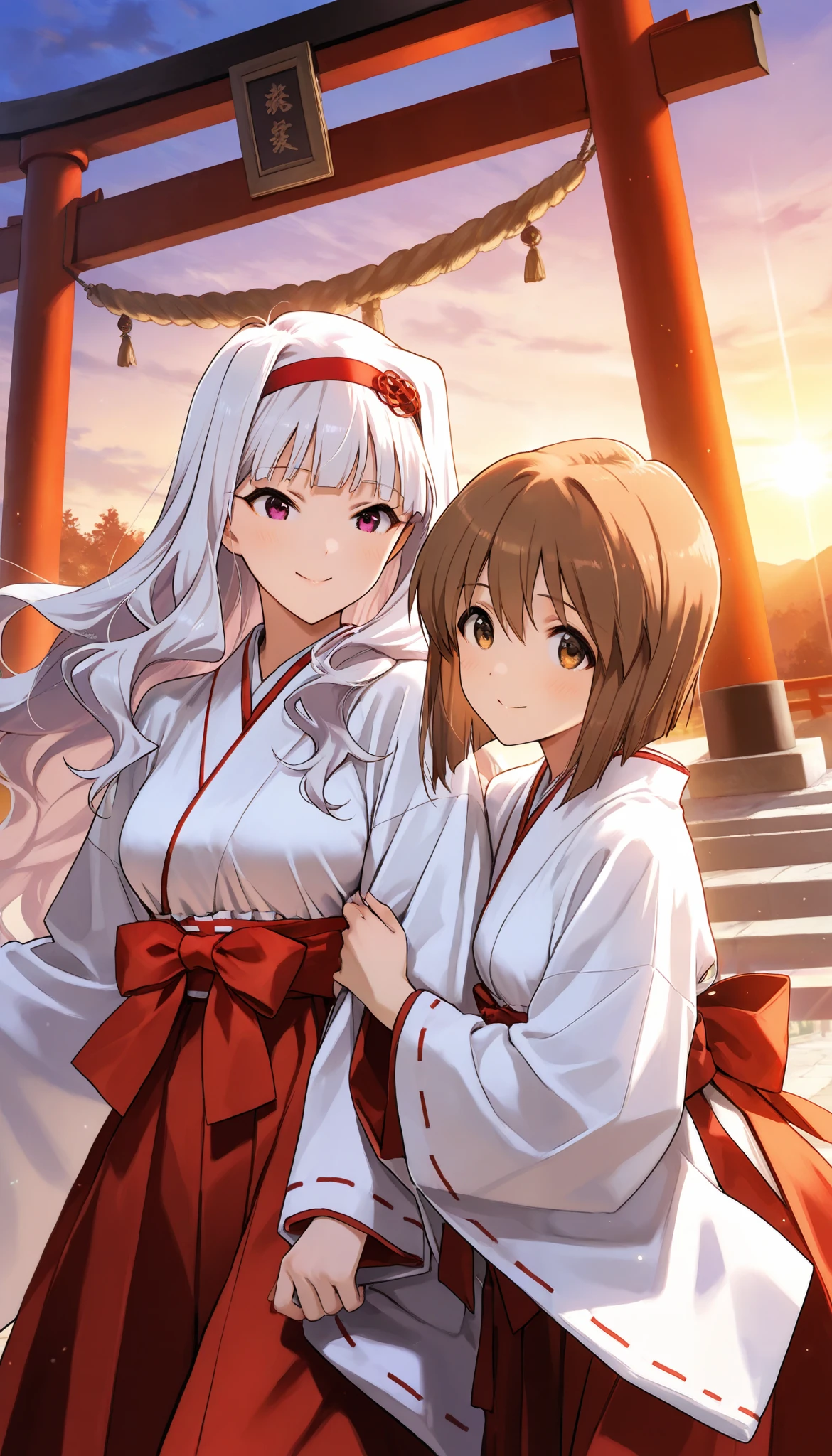 score_9 , score_8_up , score_7_up , source_anime ,2 girls, Shijou Takane, white hair, long hair, BREAK, purple eyes, Simple headband, gentle smile, Hagiwara Yukiho, brown hair, short hair, brown eyes, Smile shyly, shrine maiden clothes, In front of the torii gate, sunrise, best lighting