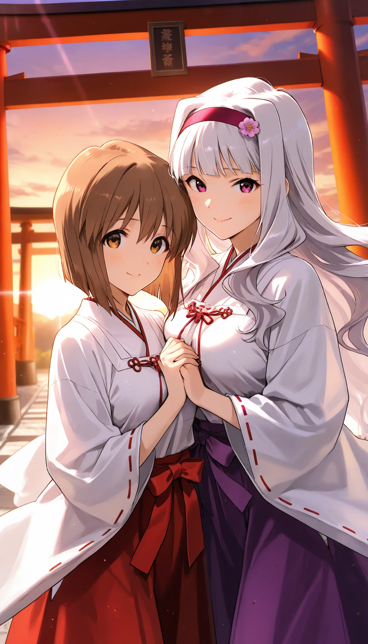 score_9 , score_8_up , score_7_up , source_anime ,2 girls, Shijou Takane, white hair, long hair, BREAK, purple eyes, Simple headband, gentle smile, Hagiwara Yukiho, brown hair, short hair, brown eyes, Smile shyly, shrine maiden clothes, In front of the torii gate, sunrise, best lighting