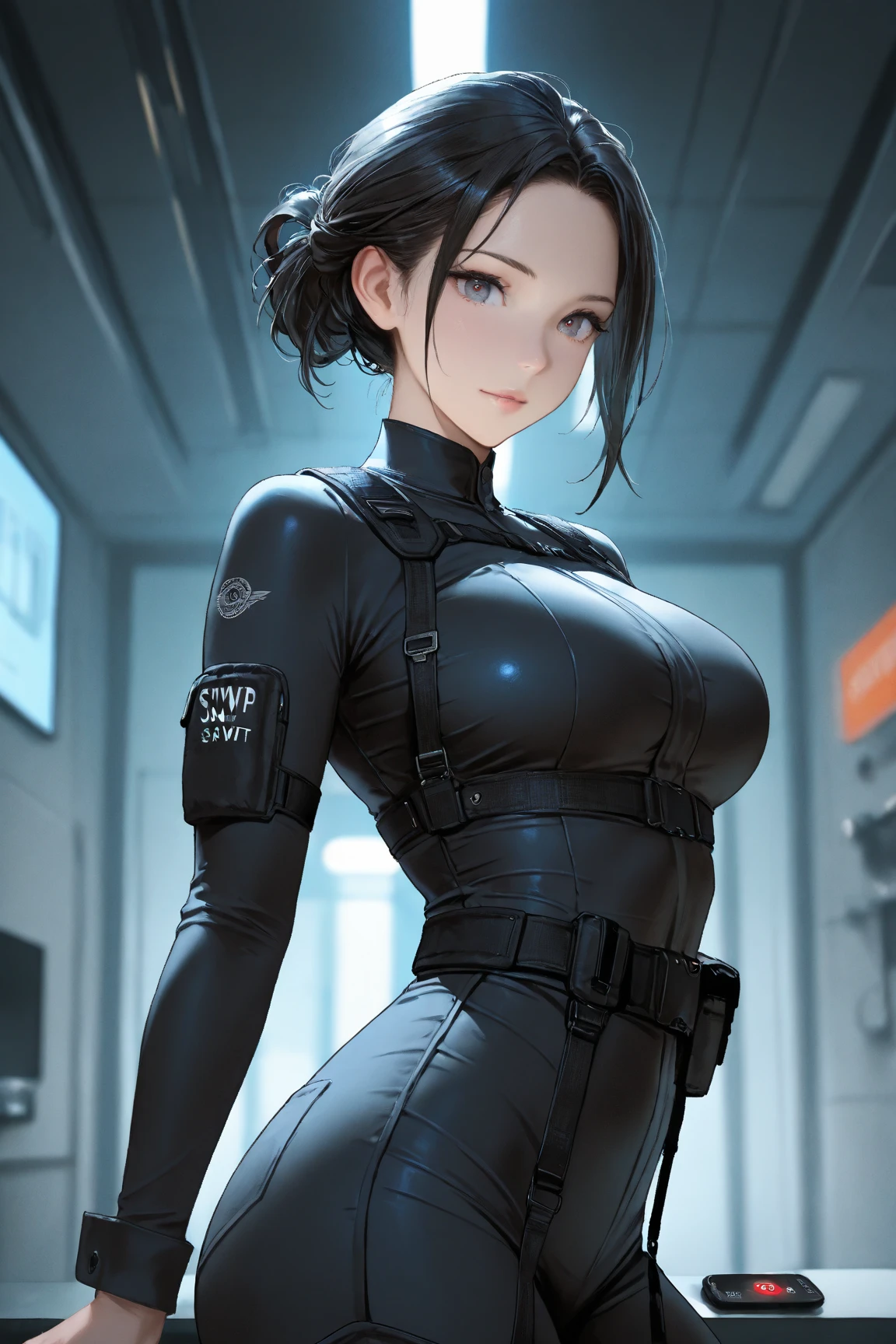 (masterpiece:1.2, highest quality), (Realistic, photoRealistic:1.4),1 female,Mature Woman,55 years old,Police special forces officers are about to enter the crime scene,(Muscular),(Huge breasts),(Thick thighs),(SWAT black combat bodysuit),(black bulletproof vest),(Black Tactical Forster),(headset),(The background is a group of buildings late at night:1.5),(((Background Blur:1.5)))