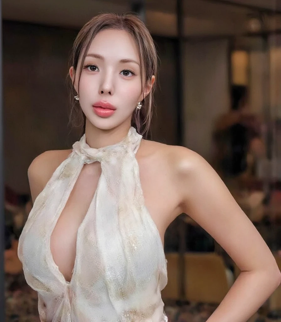 Best Quality, Highest Resolution, Realistic, Detailed, Various colors, (Soft focus:1.2), Masterpieces, (Huge breasts:1.3), Glossy skin, Heavy makeup, Red lips, Closed mouth, Bangs, Milkmaid braid hair, Beautiful woman,
She's strong and intimidating, Villainess, Glamorous body, (Condescending gaze, She will charm with gaze), Overbearing behavior, Looking at camera,
Elegant designed tube top dress, Dress has an intricate pattern of jagatronic lace, Strapless, Sleeveless,
Bedroom , Bedroom has glass on all sides, Large wide horizontal panoramic window, Outside the window are skyscrapers