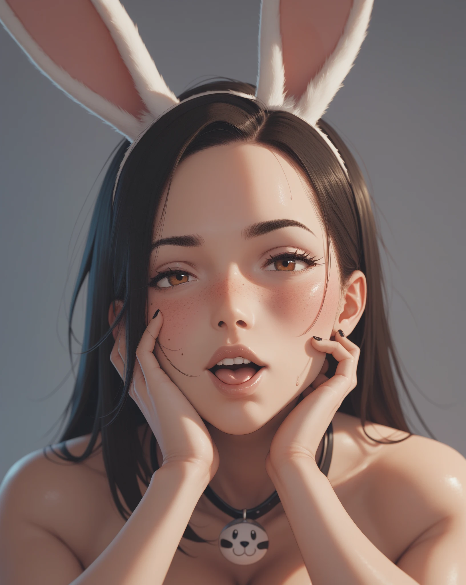1girl, solo, looking at viewer, makeup, mid day, (realistic:1.2), (realism), (masterpiece:1.2), (best quality), (ultra detailed), (8k, 4k, intricate),(full-body-shot:1), (85mm), lighting, (highly detailed:1.2),(detailed face:1.2), (gradients), sfw, colorful,(detailed eyes:1.2)(detailed background),detailed, (dynamic angle:1.2), (dynamic pose:1.2), (rule of third_composition:1.3), (Line of action:1.2). Beautiful woman, bedroom background, green eyes, large breasts, wearing a white bunny onesie