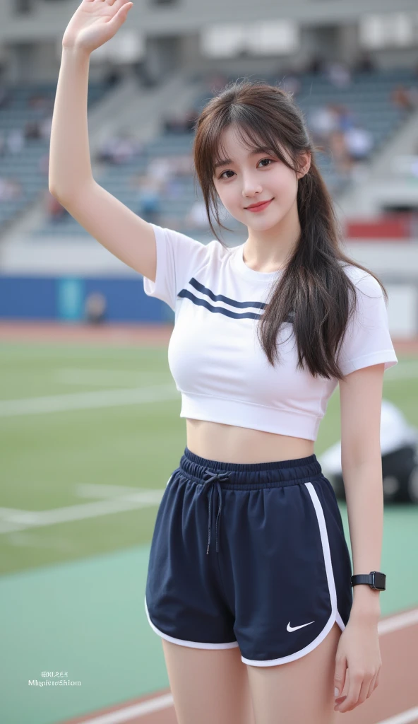 pieces fly、masterpiece、highest quality、Super detailed、High resolution、High resolution、8K portrait、Unity 8k壁紙のHigh resolutionCG、unity 8k wallpaper、cute:1.5、:1.5、Highly detailed CG unity 8k wallpaper、realistic、real person、cute、 portrait photography、shiny skin、High resolution、(20-year-old:1.2)、(1 girl)、beautiful clear eyes、very detailed explanation、delicate face、nice lips、slender body、thin waist、thin legs、(athletics stadium:1.3)、(small breasts:1.2)、(Colorful sleeveless track and field uniform:1.4)、(nipples are visible:1.2)、(smile)、(abs:1.4)、(take a pose:1.2)、(long legs:1.3)