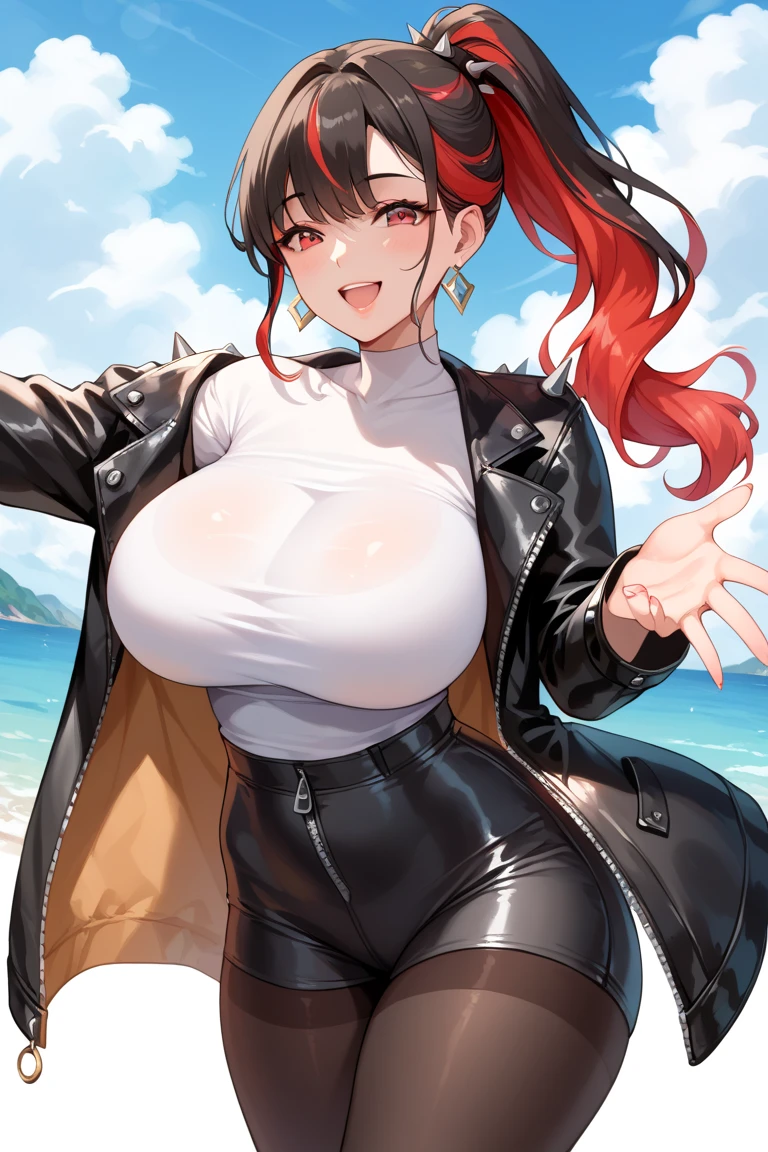 girl with、cosy sweater on、The upper part of the body、(Huge laughter:1.1)、(Opening Mouth:1.1)、(widely opened eyes:1.2)、Sun glare、bokeh dof、Depth of Field Background、Particles of light、heavy wind、(Heart particles:1.1)、Priestess costume、redhair、Black tight clothes,navel, cleavage 