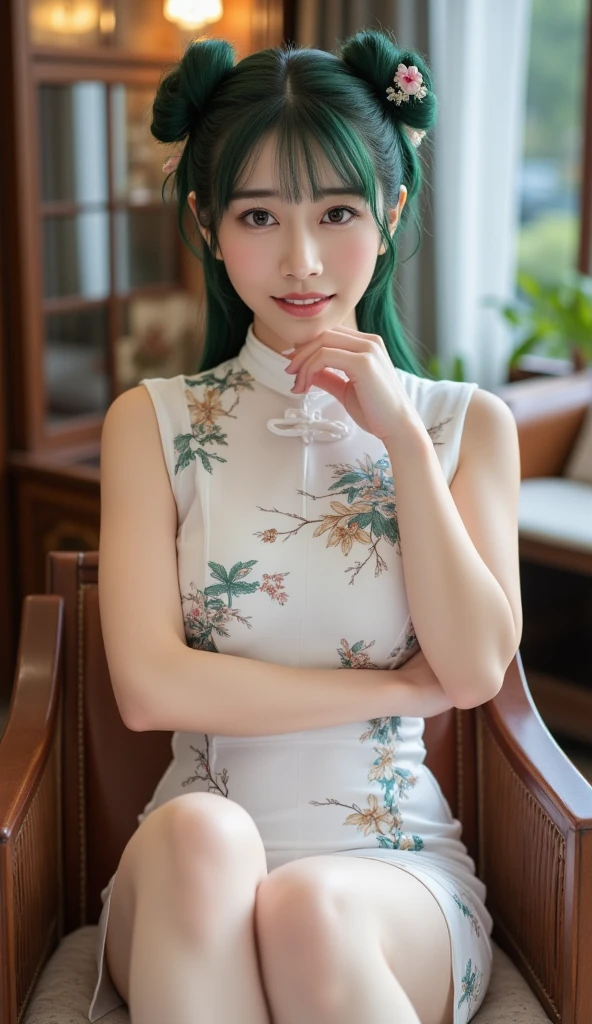 Ass sitting on the table, sexy Chinese cheongsam, super short cheongsam, transparent chest, delicate, high quality, clear,