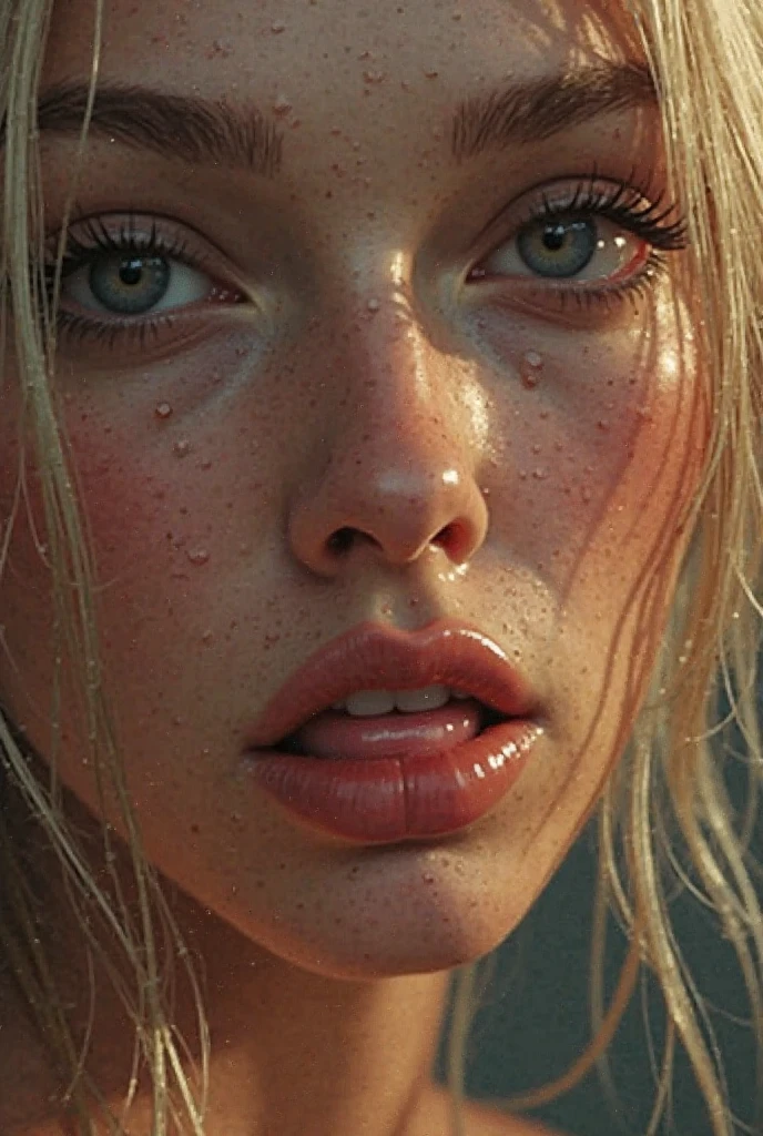 realistic, topless, nude, woman, not wearing clothes, beautiful mouth, enjoying white semen, mouth focus, sexy, lick, blonde, orgasm, eyes are slightly open, eyes are askew up between the eyebrows in ecstasy, nice breasts, top down POV on the kneeling on the floor girl with her mouth open, white semen squirting out of penis into her mouth, topless, Jennifer Lawrence, blushing, hair covered with white cum, wide shot
