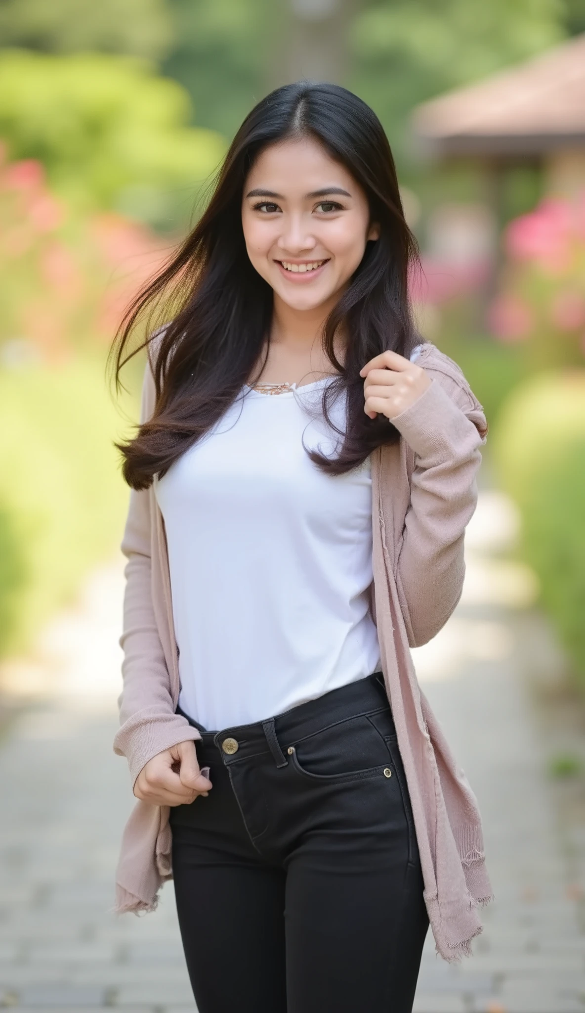 RAW, best quality, High resolution, masterpiece: 1.3), beautiful Indonesian woman, masterpiece, perfect slim body, ((big )), Beautiful big eyes, soft smile , (wearing cardigan, white shirt and black skinny jeans), smiling, wind , skin detail , skin texture details, wide hips, thighs containing , sexy body , morning time, Laughing , happy , bright sunshine , flower garden path, background blur, bokeh ,