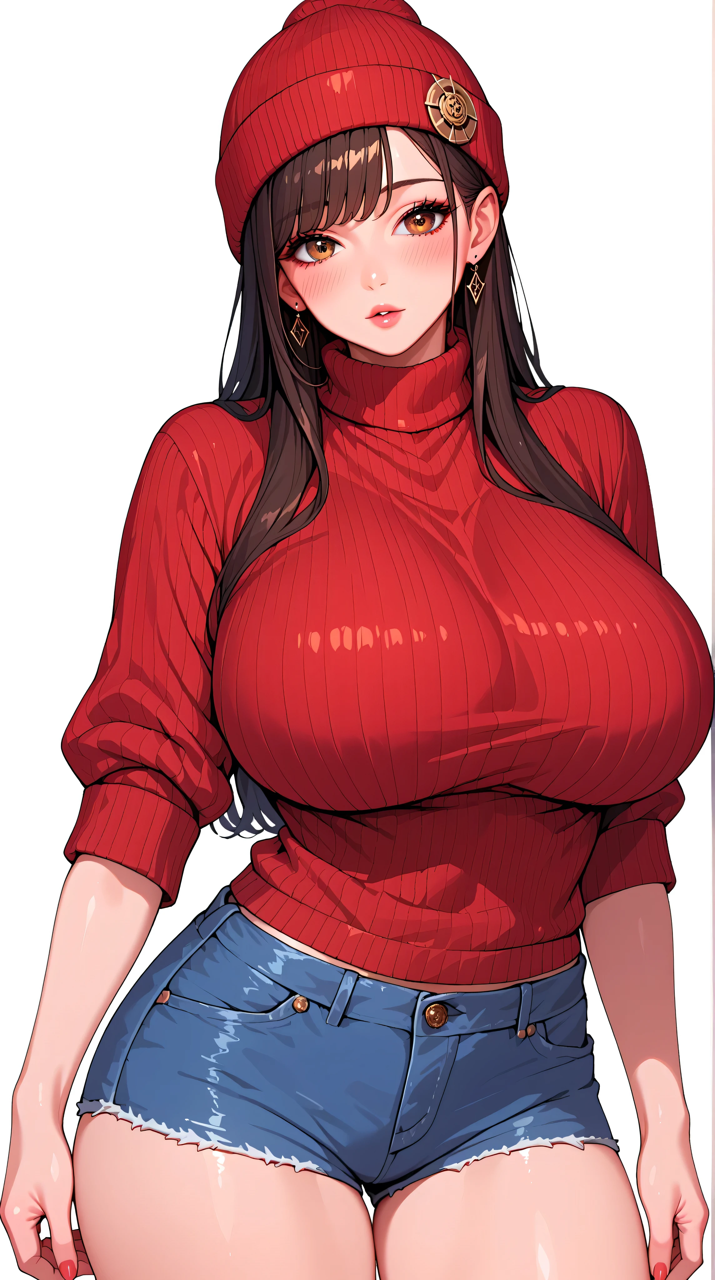 best quality, finely detailed eyes and detailed face), black_straight_hair, bangs, black_eyes, burgundy_sweater, brown_beanie, denim_shorts, front_view, korean, standing, alone, huge_breasts, humongous_breasts, pretty, beautiful, cowboy_shot, looking at viewer, blush, simple_background, white_background 