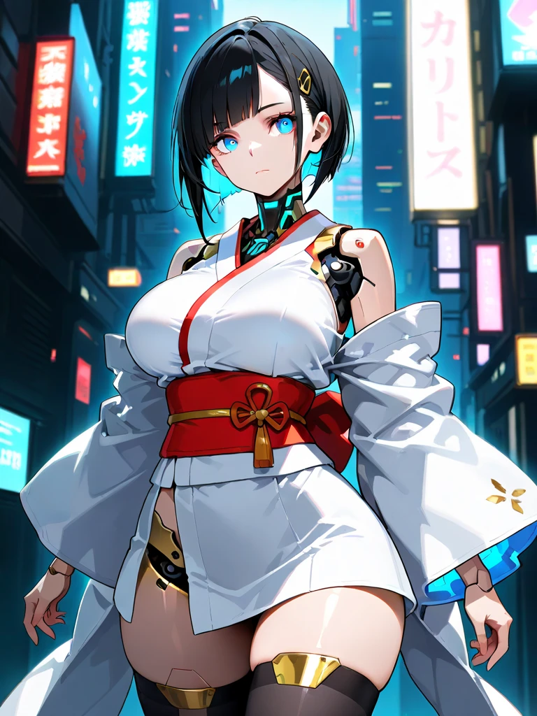 perfect artwork of Nozomi Sasaki, short black hair, white open kimono, fully body tattoos, serious face, in action cinema pose looking in camera. 3D vector art. trending composition. vibrant side lighting, centered in a vibrant, technicolor cyberpunk detailed city landscape. night neon lighting. masterpiece, best quality, layered lighting