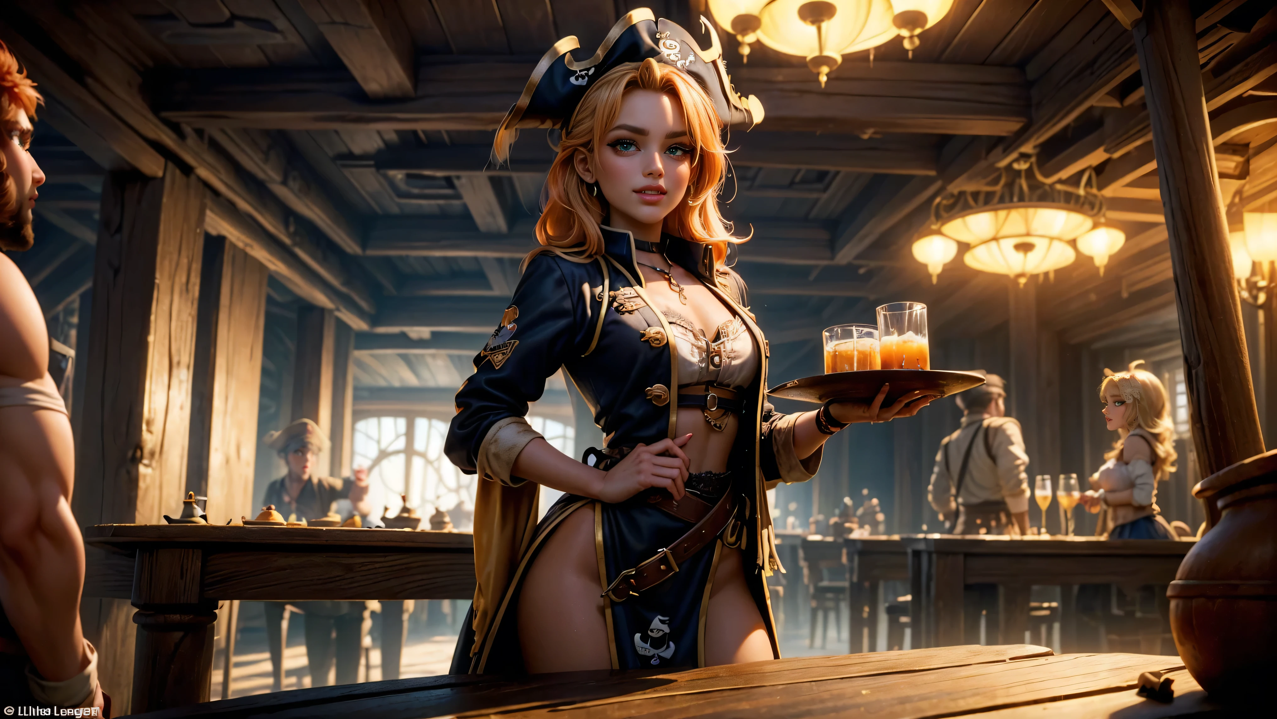  ((tavern and brothel filled with men)), ((1 redheaded tavern wench serving drinks to old pirates)), ((messy hair, orange hair)), ((1 serving girl)), ((solo girl)), ((ager)), (()), ((littlegirl)), ((Smiling)), ((little)), ((dark tan skin)), ((cute girl)), ((she is serving the pirates)), ((pirates are lusting after the girl)), ((pirates are large burly men)), ((pirates have dark hair)), ((men have blonde hair)), ((men wearing pirate cloths)), ((unshaven pirates)), ((she walks to the tables carrying tankards)), ((the men can't help but stare at her beauty as she walks by)), old tavern, pirate tavern, pirates holding and drinking tankards of ale,