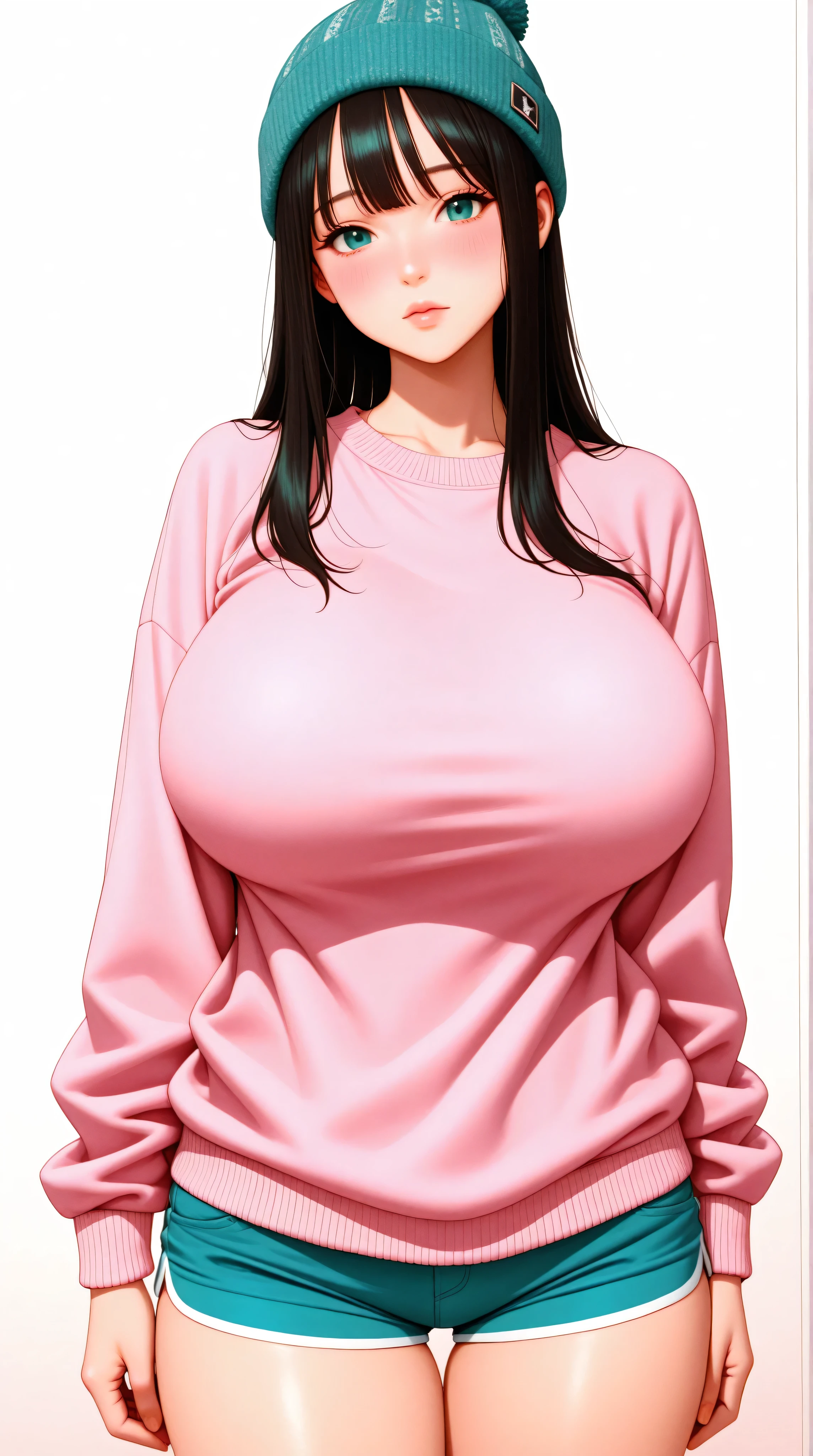 best quality, finely detailed eyes and detailed face), pink_straight_hair, bangs, teal_eyes, pink_sweater, teal_beanie, teal_shorts, front_view, korean, standing, alone, (((((huge_breasts, humongous_breasts))))), pretty, beautiful, cowboy_shot, looking at viewer, blush, simple_background, white_background