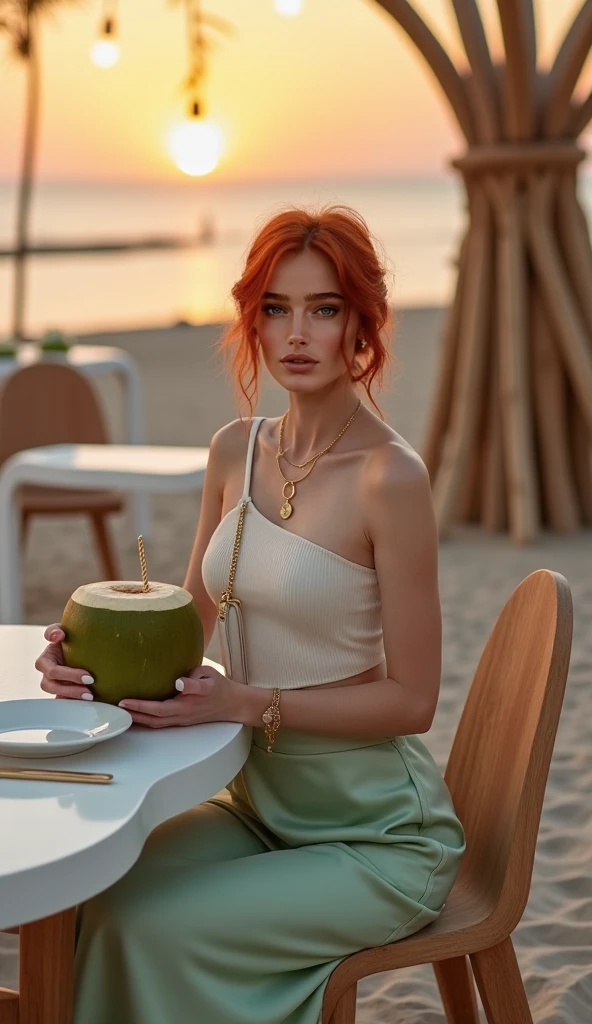 Ruby 25 years old beautiful young girl, bright red hair, perfect face, detailled eyes, light botox lips, longeyelashes, Eastern European face, portrait,High resolution,realisti, Vivid colors, Seductive glance, radiates female dominance, is in a restaurant on the beach, wearing a blue top and white jeans