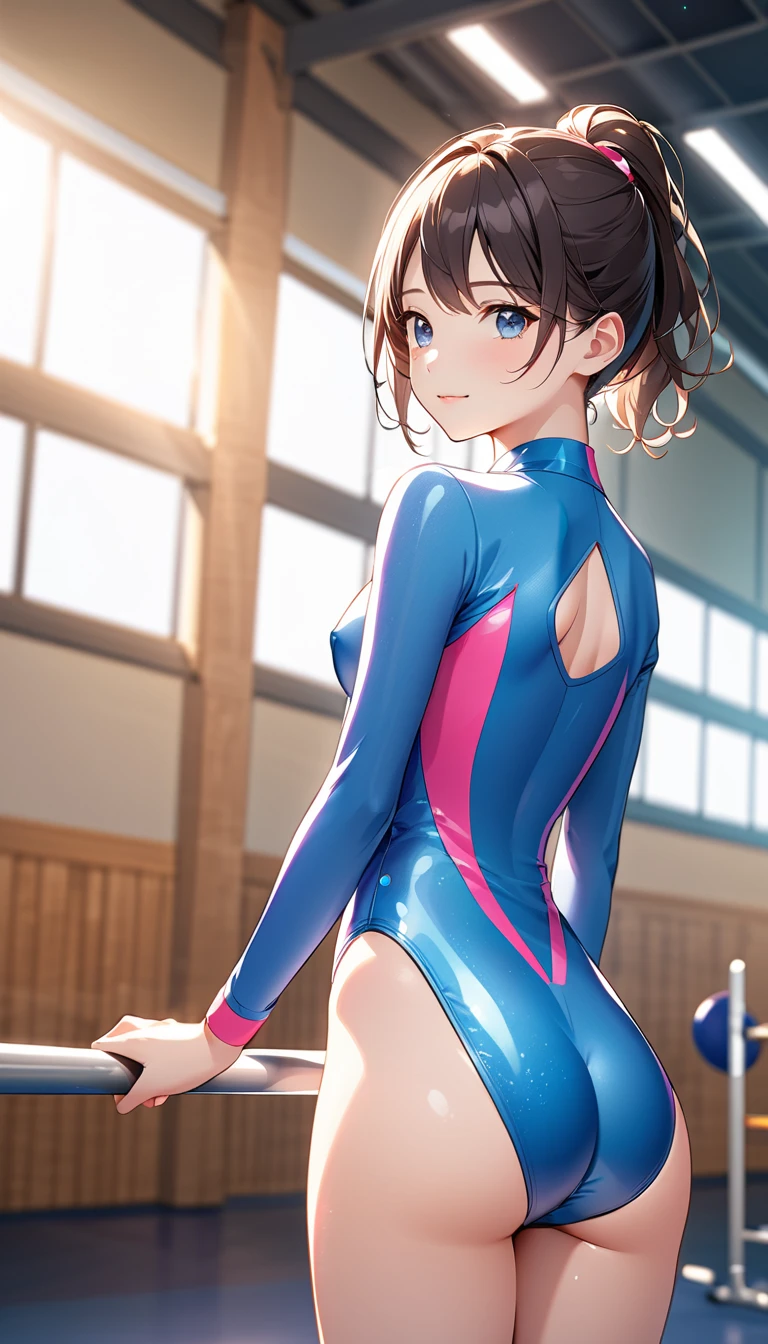 highquality illustration, masterpiece, very delicate and beautiful, attractive girl,((gymnastics leotard,tight-fit
 leotard,long sleeve leotard,long sleeve leotard,high leg leotard,athletic leotard)),thin,slender body,slim,high school,gymnasium,gymnastics club,locker room,beautiful eyes,(masterpiece, best quality:1.2), highres, extremely detailed CG unity 8k wallpaper, perfect lighting, Colourful, ultra-high res,4K,ultra-detailed, photography, 8K, HDR,  s,cowboy shot,