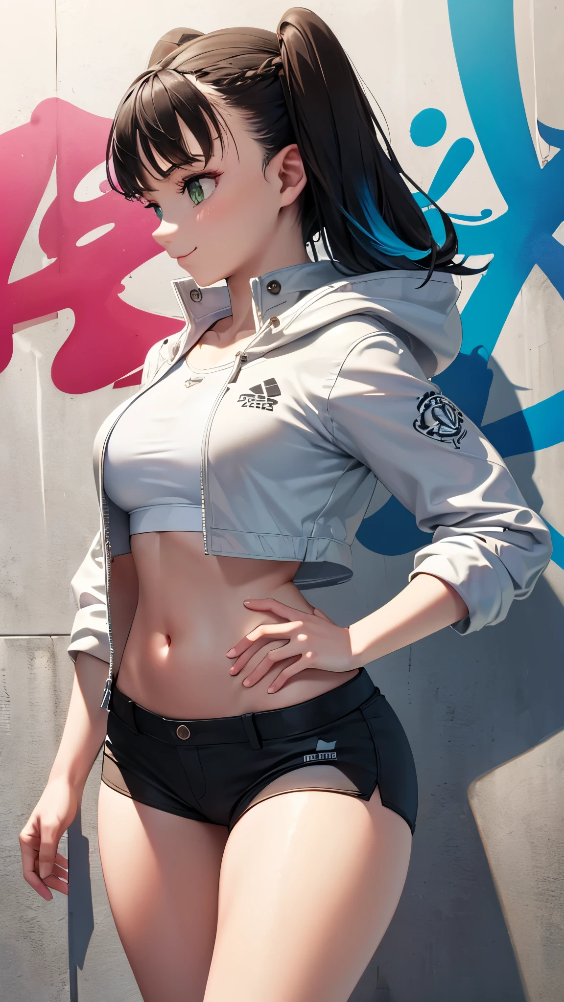 1girl, adult , tall girl, slender , skinny , green eyes, blue hair, multi colored inner hair, long hair, floating hair, side braids , white theme, sporty outfit, white jacket, short pants, emerald elements on clothes, thighs band, , navel, thighs, long leg, medium breasts, hoodie, emerald theme,pink theme, (graffiti, "VXP":1.2), white wall, intricate, intricate detail, smiling, cowboy shot, , pose, from front side,shadows , white background , semirealistic , intricate detail, shiny style, intricate, sun light, backlighting, (masterpiece, best quality, amazing quality, detailed background, intricate details:1.2), (masterpiece, best quality, amazing quality, detailed background, intricate details,absurdres, very aesthetic:1.2)
