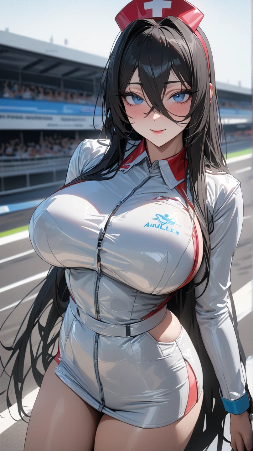 1 female,black hair,25 years old,(((Shiny race queen uniform with exposed navel)))(((blush、open mouth smile)),(((straight hair))),(((portrait))),crowd,,(wet with sweat)(leather thigh high boots)(((beautiful breasts)))