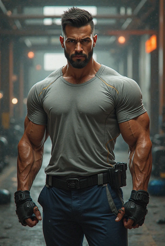 1 man, solo, 35 year old, Chris Redfield, wearing a grey T-shirt, seious face, looking at the camera, black color on the shoulder and a bsaa logo on the shoulder, military tactical suit, equipment, tall and hunk, biceps, abs, chest, best quality, masterpiece, high resolution:1.2, upper body shot, dark black gloomy hallway with not background