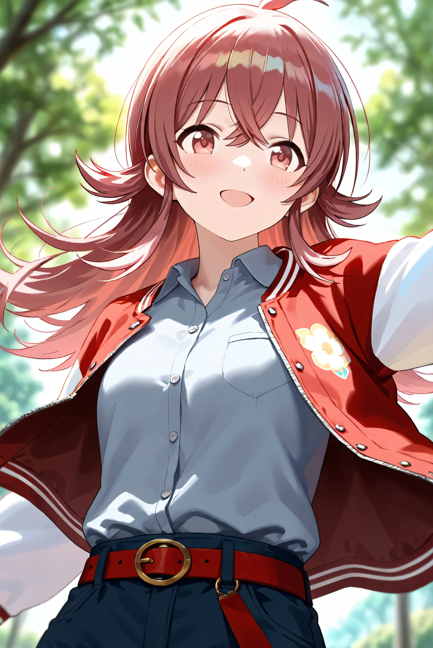 (Masterpiece), (Highest quality), (Very detailed),
(The best shape), (Best Shadow), (Absurd),
(Detailed background), (So beautiful), Shiny ,
Beautiful eyes in every detail, Extraordinary, Countershading, 8k, 32K, High resolution,
Very Detailed CG,
Score_9, Score_8_up, Score_7_up, Source_anime,
(Pastel painting:1.2), (Watercolor painting:1.2),
(Masterpiece, Detailed:1.2), (Foreshortening:1.2),
Cinematic, Dramatic, (Depth of field:1.4),
(Blurry background:1.4), (Realistic background:1.4),
(Foreshortening:1.3),Dynamic angle, From below,
1 girl,
Outdoor, Nature, Park, Wind,
Komiya Kaho, komiya kaho,
the idolmaster shiny colors,
long hair, red hair, red eyes, hair between eyes, ahoge, (medium breasts:0.7),
(Casual wear:1.3),
(Collared shirt:1.1), (Gray shirt:1.3), (Plain shirt:1.1),
Souvenir Jacket, Open jacket, Red jacket, Long sleeves, White sleeves, Plain jacket,
Hot pants, Turquoise hot pants,
belt, red belt,
Portrait, Focus on face,
(Blush:1.3), Smile, Happy,
Realistic skin, Shiny skin,