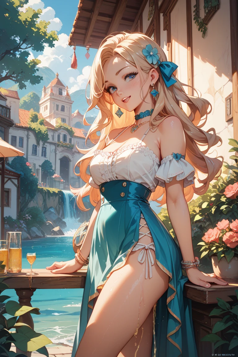 a beautiful 20 year old blonde woman with big messy hair in a short blue dress, white stockings, a thin black hairband, cleavage, holding a glowing mushroom, sitting on a giant glowing mushroom, side shot, side boob, fantasy art style, cartoon vibrant, cute detailed digital art, colorful digital fantasy art, digital fantasy art ), glossy digital painting, pastel vibrant
