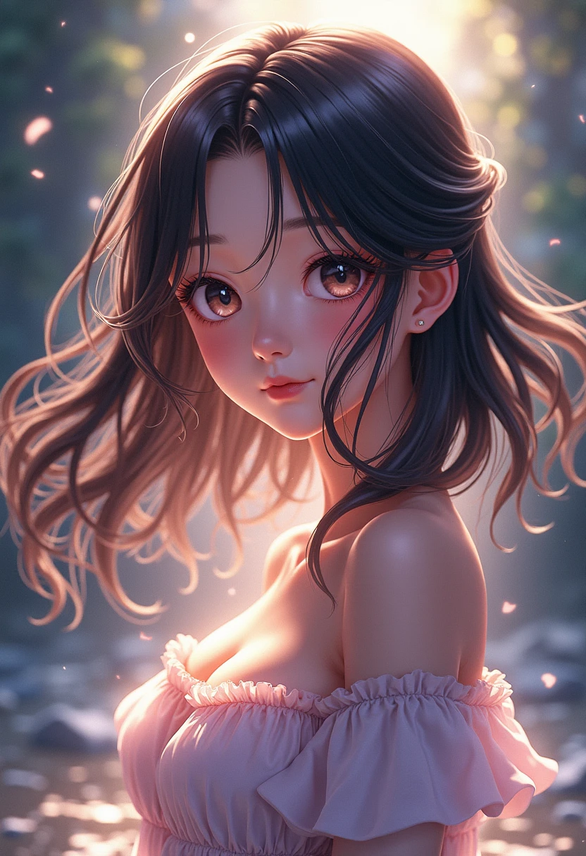  anime girl in pink wet clothes, Realistic Shadows, Detailed skin, Very small breasts, Black hair, Hair Ribbon, Very detailed, 8K highly detailed face, Perfect face shape, Perfect lips, Perfect nose, Correct beautiful eyes, Watching Viewer, masutepiece, Best Quality, Single Girl, No bra, No panties, Solo