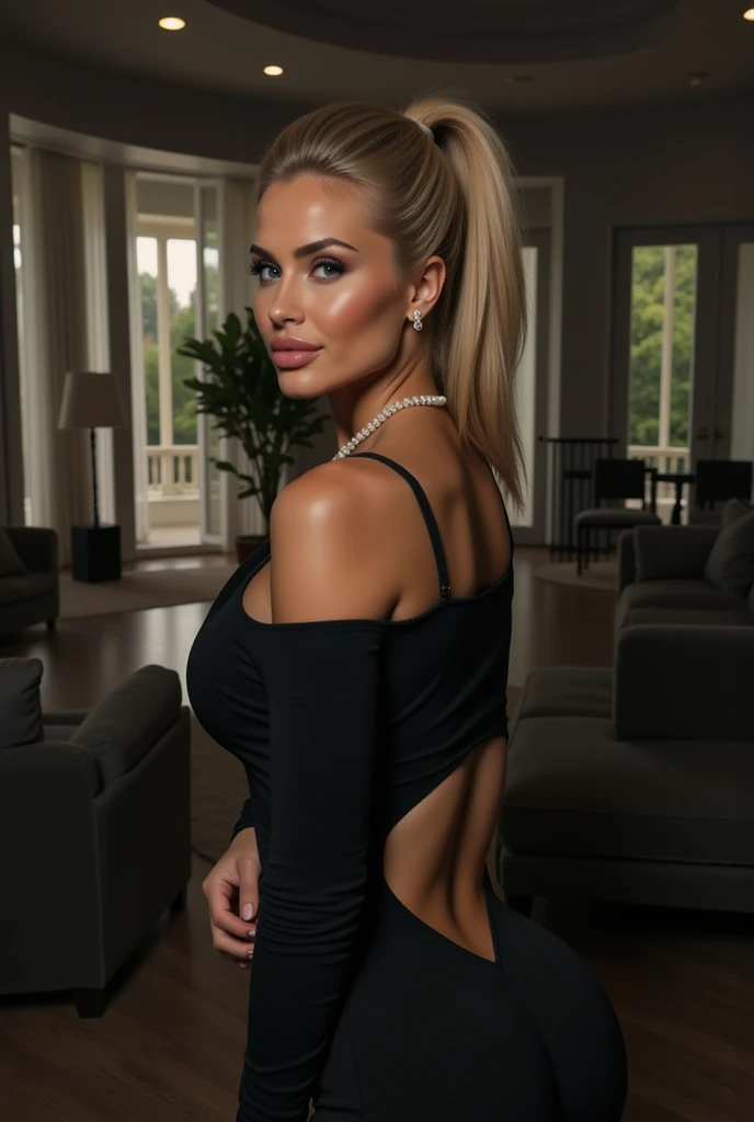 45 year old sexy woman, Sexy blonde, black fitted short dress - SeaArt AI