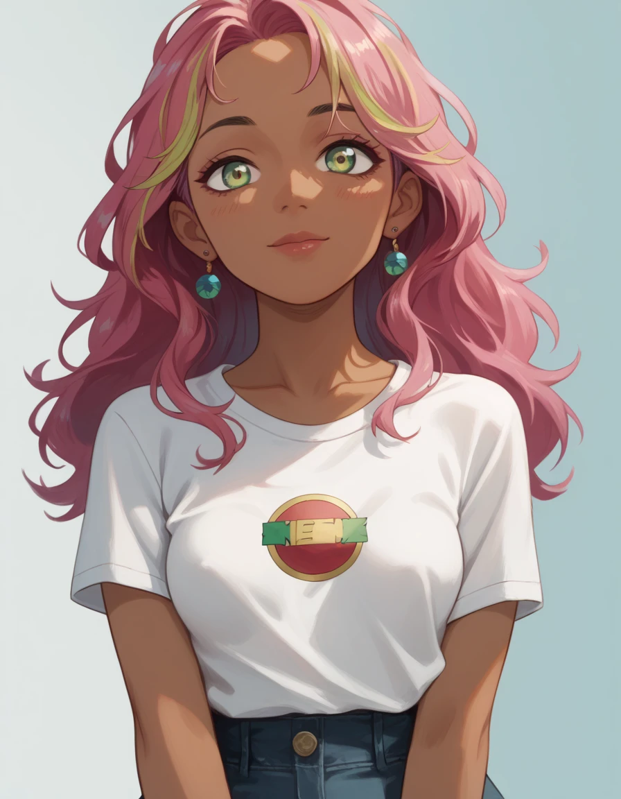 1girl, detailed face, afro hair, dark skin, looking at viewer, vibrant colorful, short sleeve t-shirt, pink hair, earring, white shirt, open mouth, deep v-neck, cleavage emphasis, focus on breasts, dripping on breasts, sweating, (:P:1.2), (full body:0.8), (12yo, cute:1.3), (breasts:1.2),
