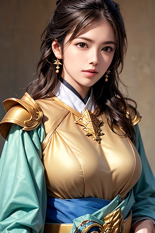 masterpiece、1 beautiful girl、fine eyes、smile、puffy eyes、highest quality, 超High resolution, (reality: 1.4), movie lighting、Japanese、asian beauty、Korean、super beautiful、三國無双8のWang Yuanjie,beautiful skin、body facing forward、close up of face、upper body close-up,(超reality的な)、(High resolution)、(8k)、(very detailed)、(美しくfine eyes)、(Super detailed)、 (wall-)、detailed face、bright lighting、professional lighting、looking at the viewer、look straight ahead、slanted bangs、perfect cosplay,(masterpiece, highest quality:1.2), cowboy shot, alone, 1 girl, Wang Yuanjie, No expression, closed mouth, looking at the viewer, sitting, ponytail, blonde,dress, cleavage cutout, cleavage