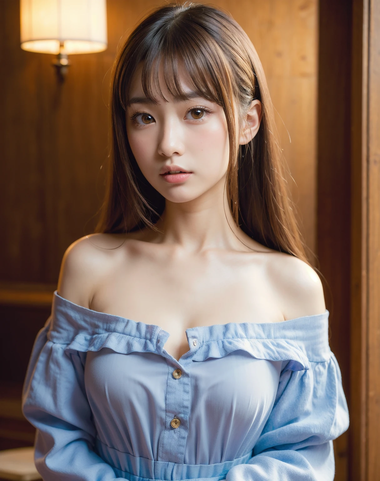 (((masterpiece))),(((High resolution)))、(((8K)))、(((perfect face)))、(((beauty of japan)))、20 years old、(((beautiful face))), (((off shoulder dress))), Plump, embarrassed look, look at the camera、top quality eyes, detailed texture, look at the camera, big