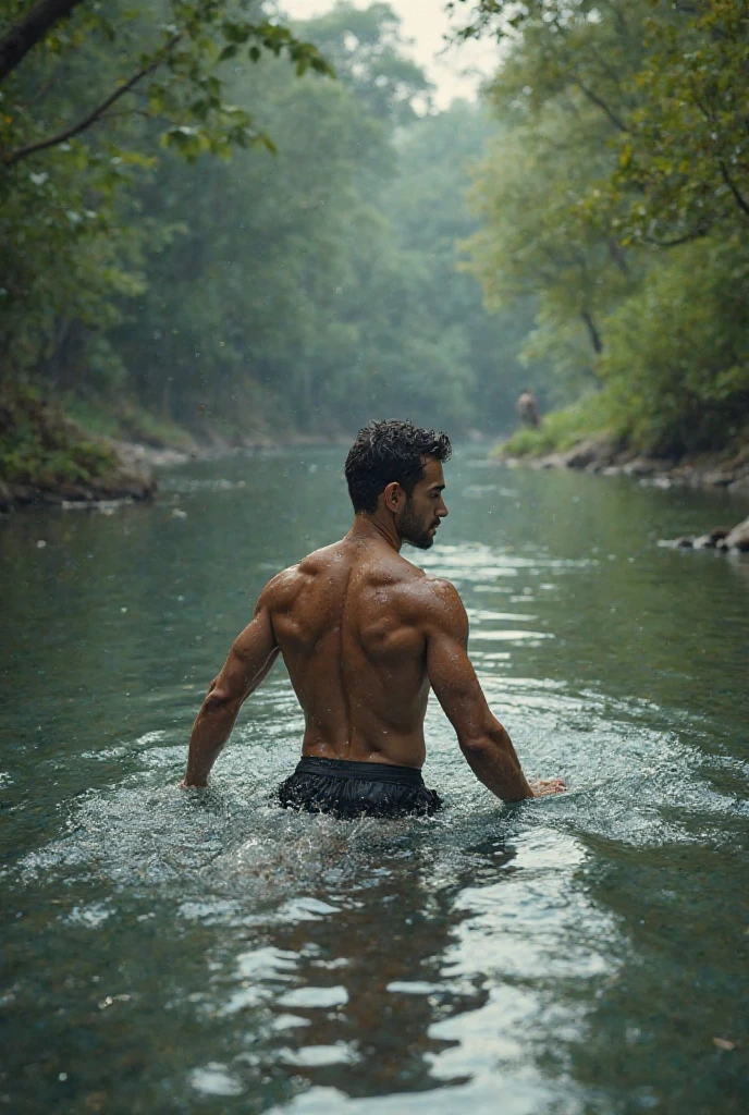 A white man, aged 34, defined body, with short dark hair, with clear eyes, wearing a complete white shirt, boxers, standing backwards, looking at the camera and showing her ass in a lake in Alentejo
