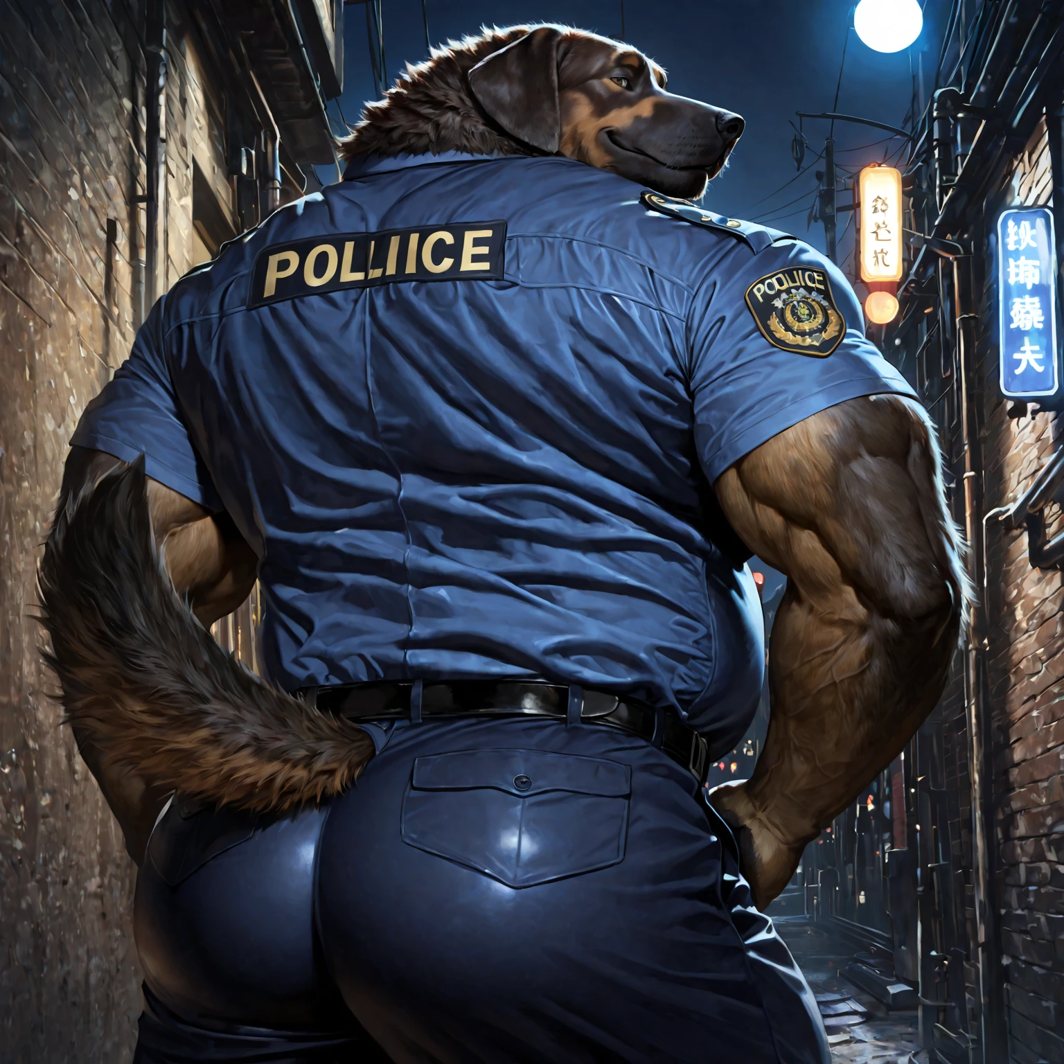 male wolf, hairy, (night empty park, ) (full nude, police, only police hat,) erection penis, 