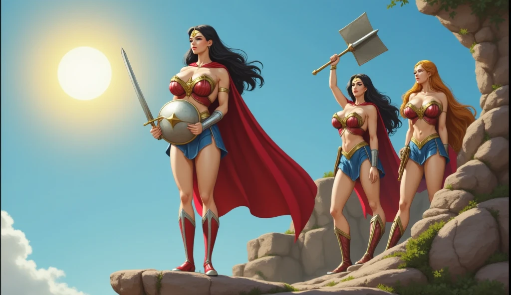 a fit woman in bodysuit, enormous breast, realistic, detailed, hyperrealistic, Hero pose, Standing next to beautiful waterfall and pool inside ancient temple, 1girl, high detailed, 8k, cameltoe, , , wonder woman, gal gadot, (full body:1.5)