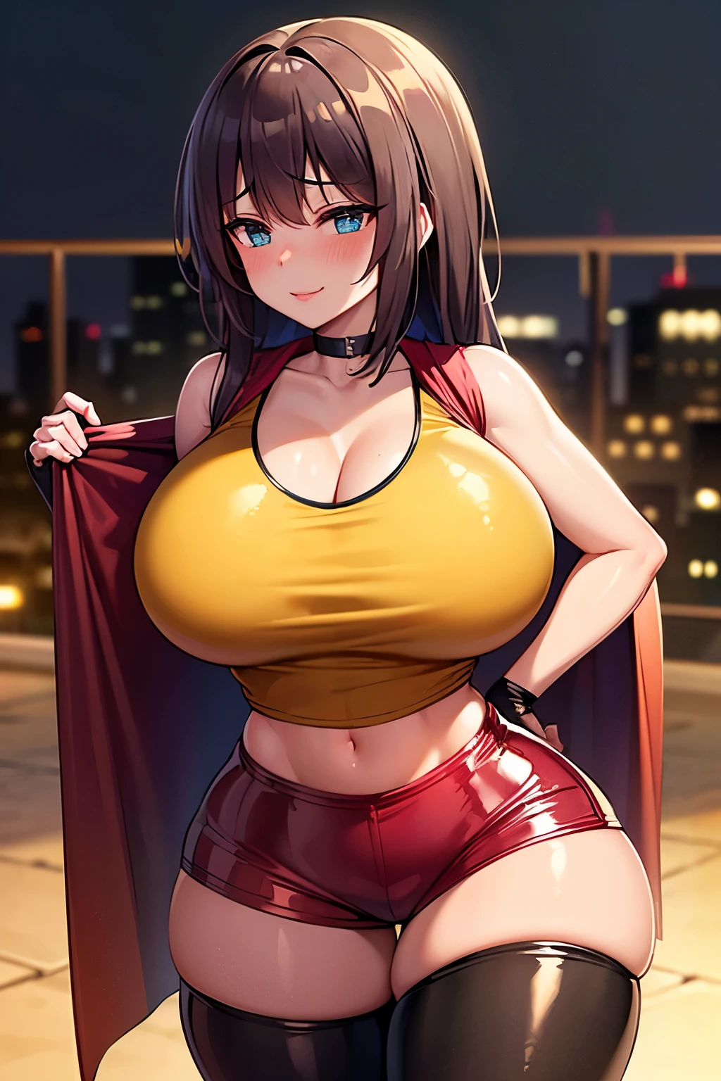red dress,No sleeve,kimono,bare shoulders, brown hair,brown eyes,long and high ponytail, hair band, compensate, 1 girl, manga,25 years old,mature woman,beautiful fingers,beautiful long legs,beautiful body,beautiful nose,beautiful character design, perfect eyes, perfect face, jewelry, put your hand on your chest,See-through, looking at the viewer, hair ornaments, choker, shy, (masterpiece, highest quality, highest quality, official art, beautiful and aesthetic:1.2), (1 girl), very detailed, colorful, most detailed, (huge breasts:1.2,) Upper body, from below, camel toe, white panties, floating skirt, city,street, sun, cloud, wall, lean,