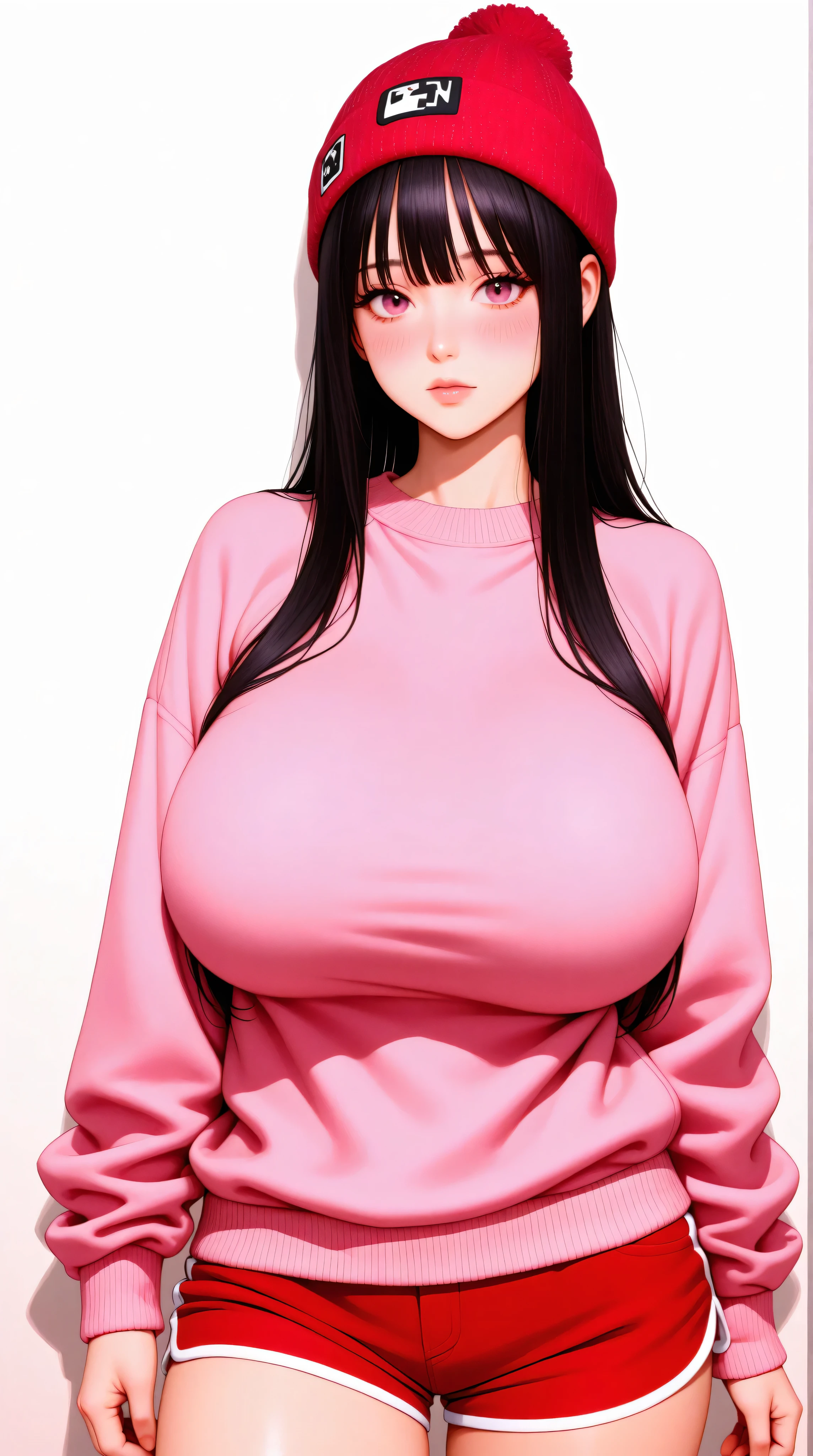 best quality, finely detailed eyes and detailed face), black_straight_hair, bangs, pink_eyes, pink_sweater, red_beanie, red_shorts, front_view, korean, standing, alone, (((((huge_breasts, humongous_breasts))))), pretty, beautiful, cowboy_shot, looking at viewer, blush, simple_background, white_background