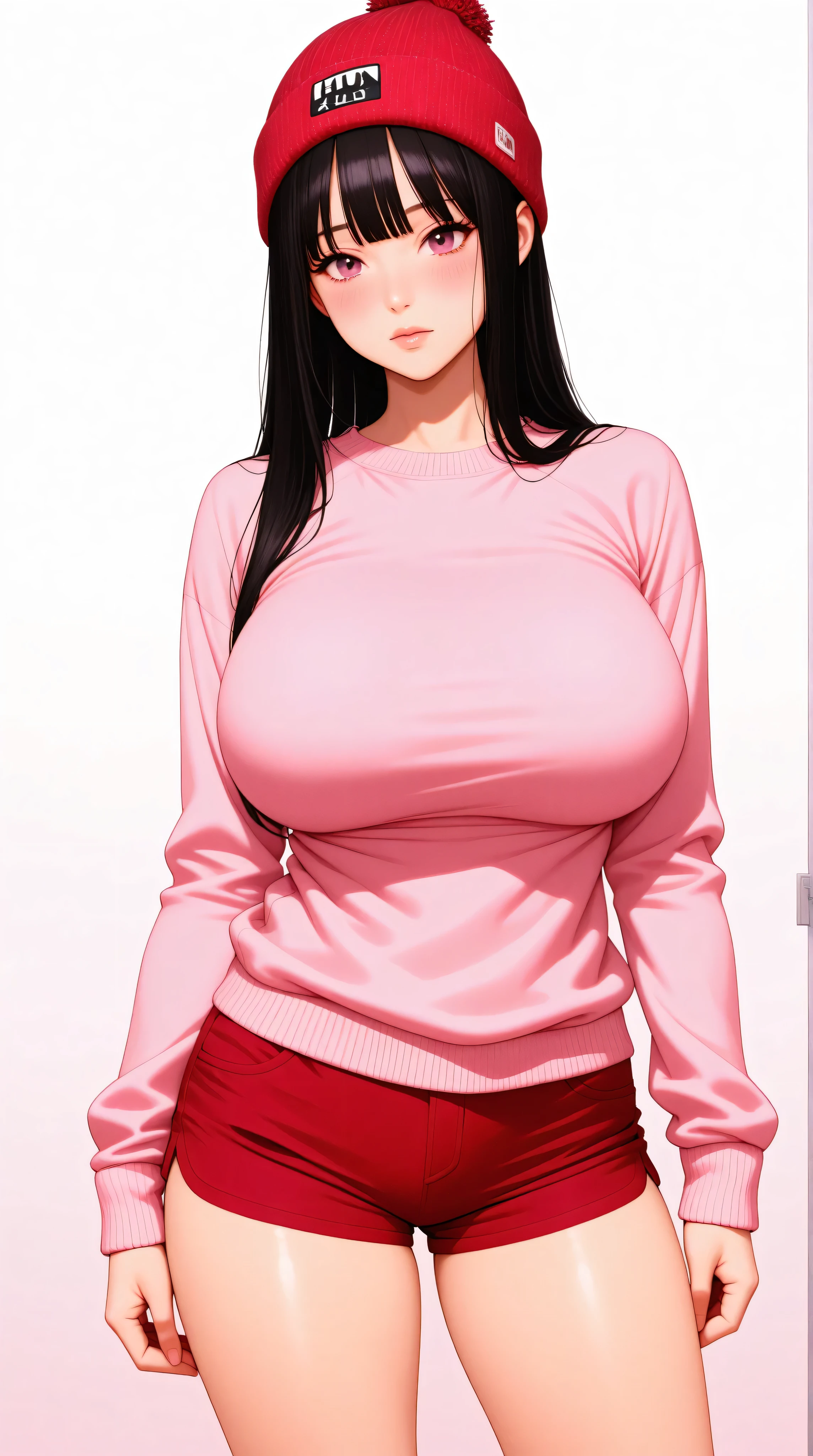 best quality, finely detailed eyes and detailed face), black_straight_hair, bangs, pink_eyes, pink_sweater, red_beanie, red_shorts, front_view, korean, standing, alone, (((((huge_breasts, humongous_breasts))))), pretty, beautiful, cowboy_shot, looking at viewer, blush, simple_background, white_background