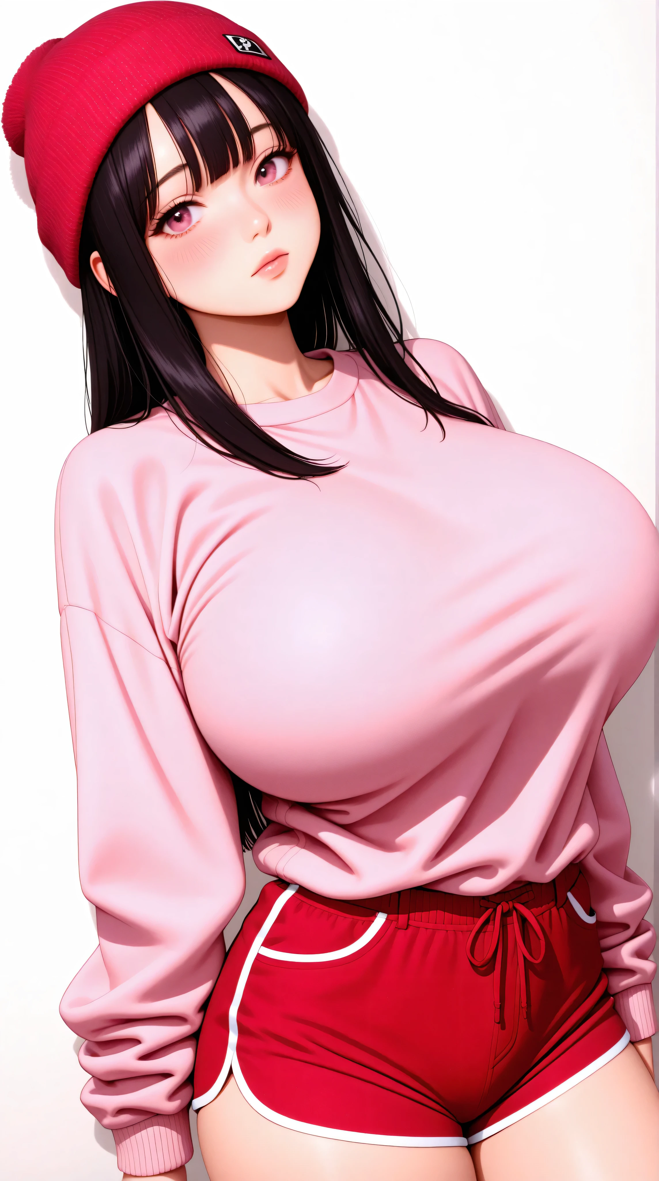 best quality, finely detailed eyes and detailed face), black_straight_hair, bangs, pink_eyes, pink_sweater, red_beanie, red_shorts, front_view, korean, standing, alone, (((((huge_breasts, humongous_breasts))))), pretty, beautiful, cowboy_shot, looking at viewer, blush, simple_background, white_background