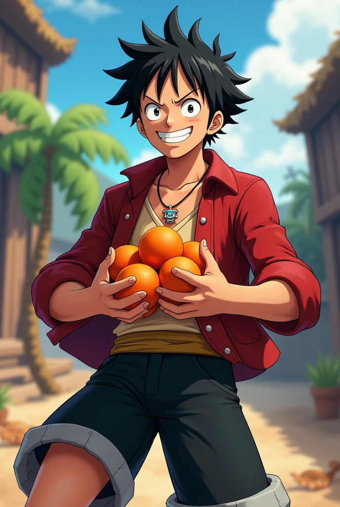 Italian Goku is a charismatic and energetic man in his late thirties. He has short, wavy black hair and bright, determined eyes. Dressed in a traditional Italian outfit, complete with red and green checkered pattern and a belt holding up his wide-legged pants, Italian Goku poses confidently. His muscles ripple under his snug-fitting shirt, and his feet are firmly planted on the ground. In one hand, he holds a bright yellow Power Ball, ready to unleash its power at a moment's notice. The backdrop of his image is a serene Italian countryside, with rolling hills, vineyards, and a picturesque village in the distance. The