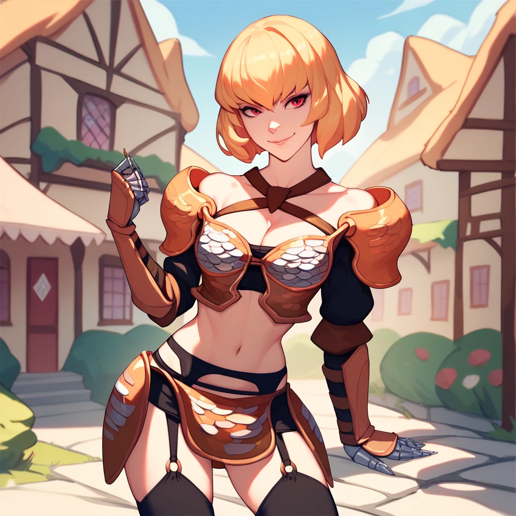 masterpiece, best quality, dimaria, dimaria, 1girl, short hair, blonde hair, breasts, brown eyes, armor, cleavage, large breasts, hands on hips, midriff, navel, black and red striped pants, smile, looking at viewer, medieval castle, switzerland mountains background<lora:DimariaYesta:1>
