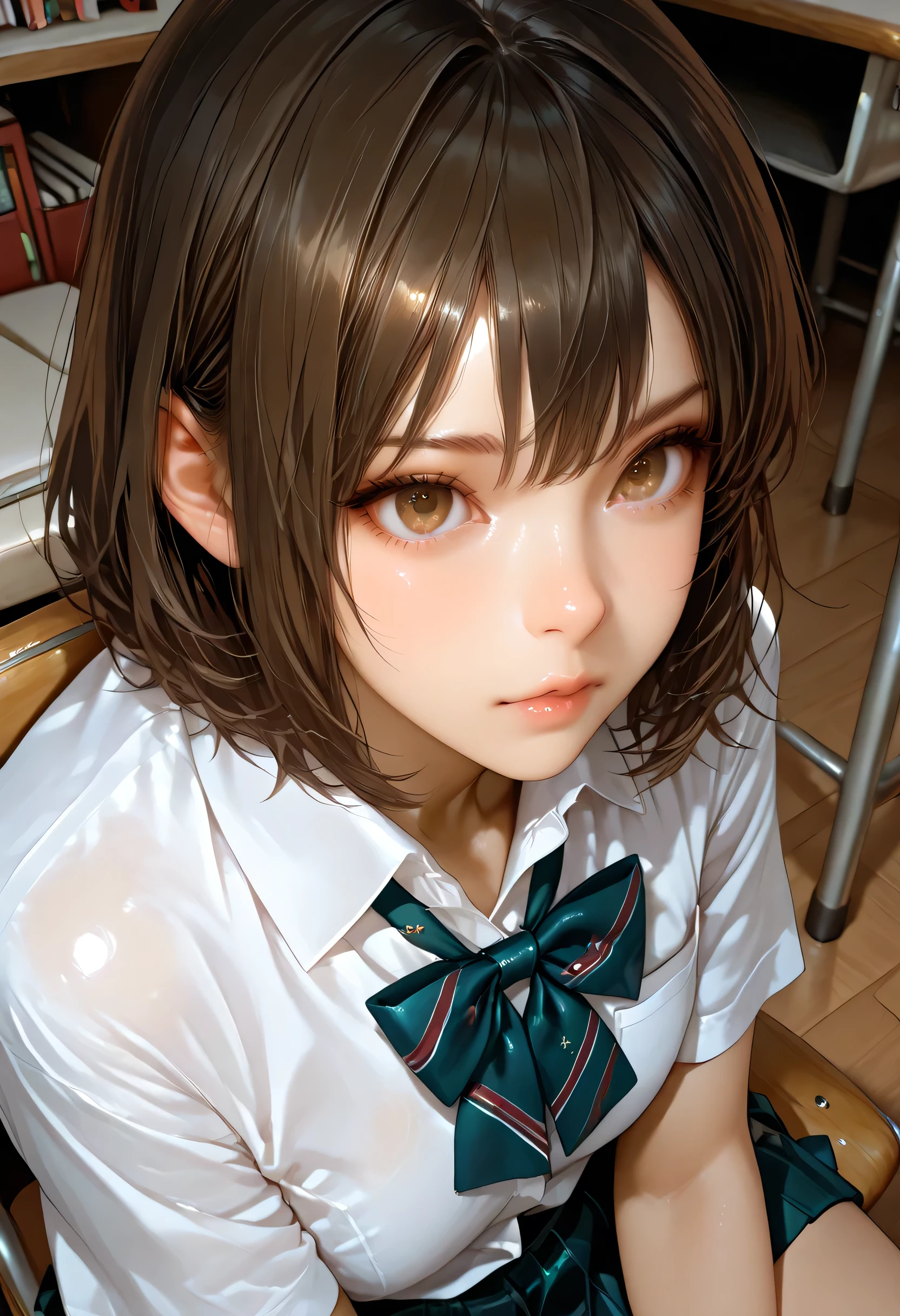 ultra detailed realistic fubuki half, brown hair, brown eyes, school uniform, background, ray tracing, short hair, sitting in a chair in a bedroom