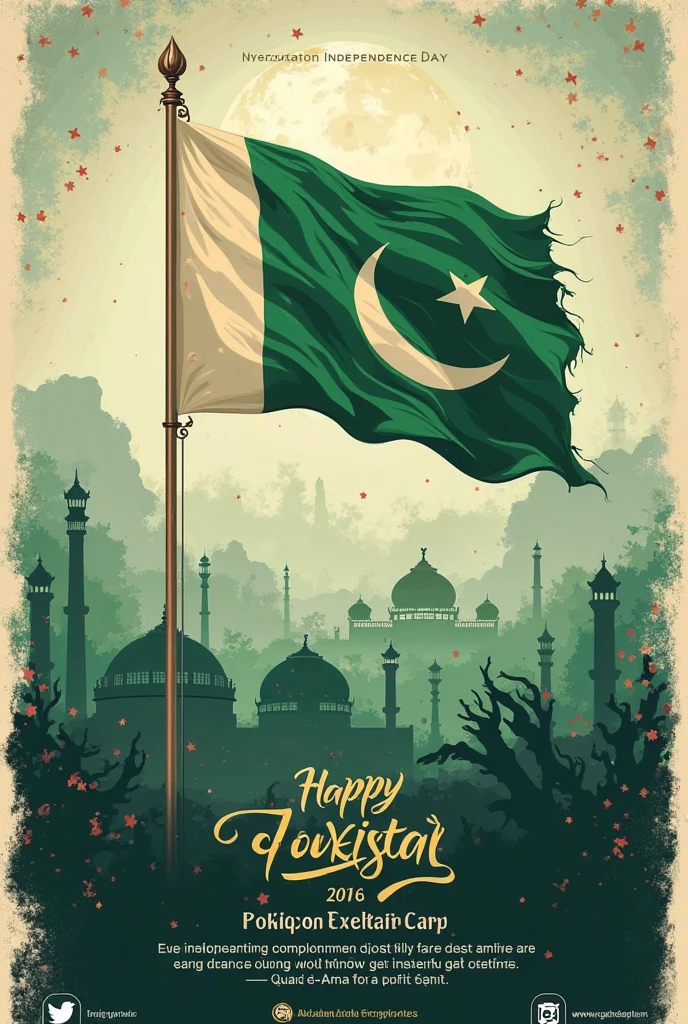 The image is a celebratory poster for Pakistan's Independence Day, which is on 14th August. The design features a green background with decorative elements that suggest festivity. The focal point is a vertical banner displaying the Pakistani flag, with a white crescent and star on a green field. The text "Happy Independence Day"  is written at the top in green, and from weddings by raza in golden followed by the date "14 August." The overall design has a clean, elegant look, and there's a placeholder for additional text and a website link at the bottom.