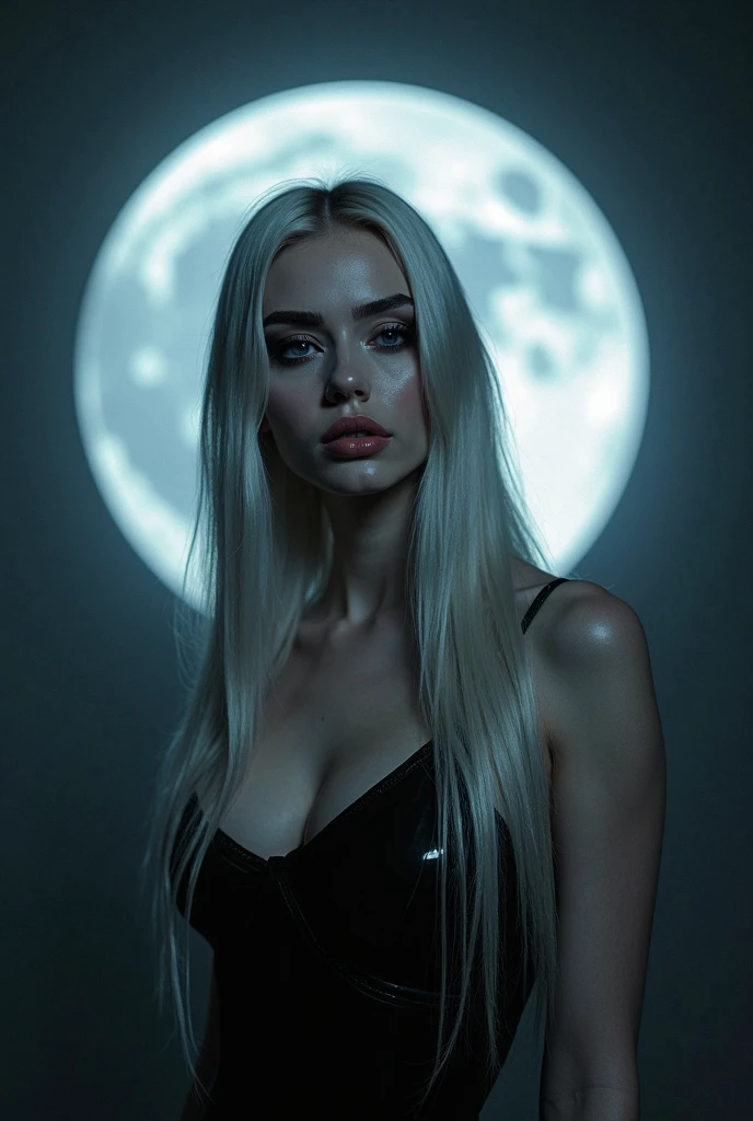 masterpiece, highest quality, (solo focus), (perfect face:1.1), (high detail:1.1),dramatic, 1guy, (pale skin), long white hair, white eyes, [light eyebrows], solo, long hair, moon, night, white luxury suit, covered navel, pouty lips, covered, futuristic city, detailed background, art by artgerm and greg rutkowski, cinematic lighting, roses, fashion, BalenciagaStyle