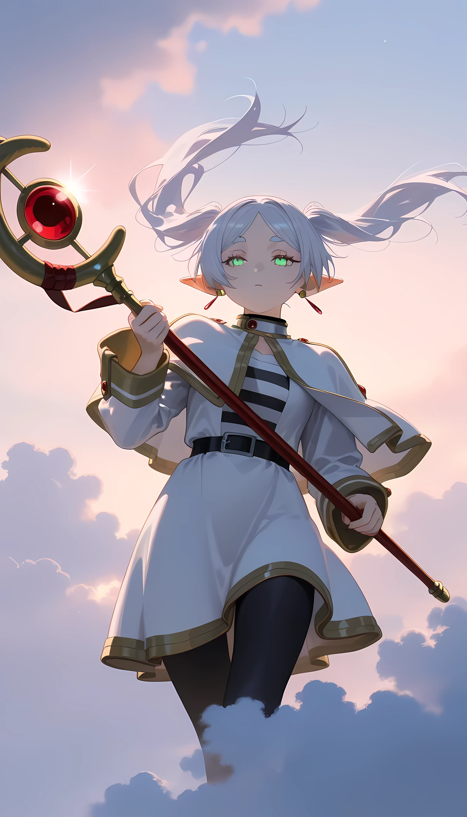 masterpiece, best quality, newest, absurdres, highres, detailed eyes, beautiful, detailed background, perfect eyes, anime coloring, artwork, 1girl, solo, frieren, elf, pointy ears, grey hair, long hair, twintails, green eyes, earrings, 1girl, solo, frieren, elf, pointy ears, silver hair, white hair, green eyes, robe, striped shirt, belt, white capelet, black pantyhose, expresionless, half-closed eyes, floating hair, floating clothes, detailed, sharp art, glowing eyes, blue sky, realistic clouds, fade background, glowing sparkles, levitate, levitation, holding staff, colorful, wind