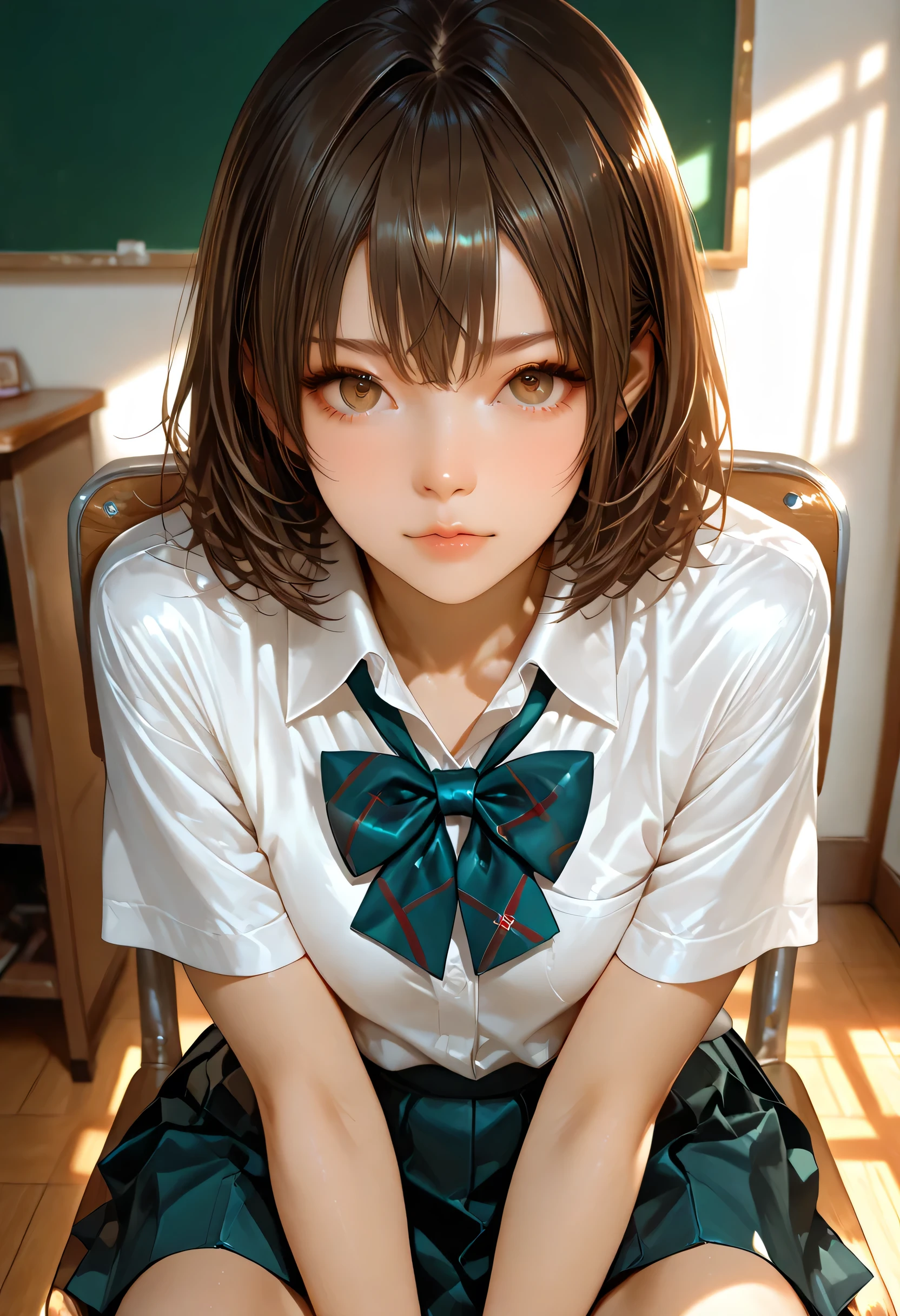 ultra detailed realistic fubuki half, brown hair, brown eyes, school uniform, background, ray tracing, short hair, sitting in a chair in a bedroom, random pose