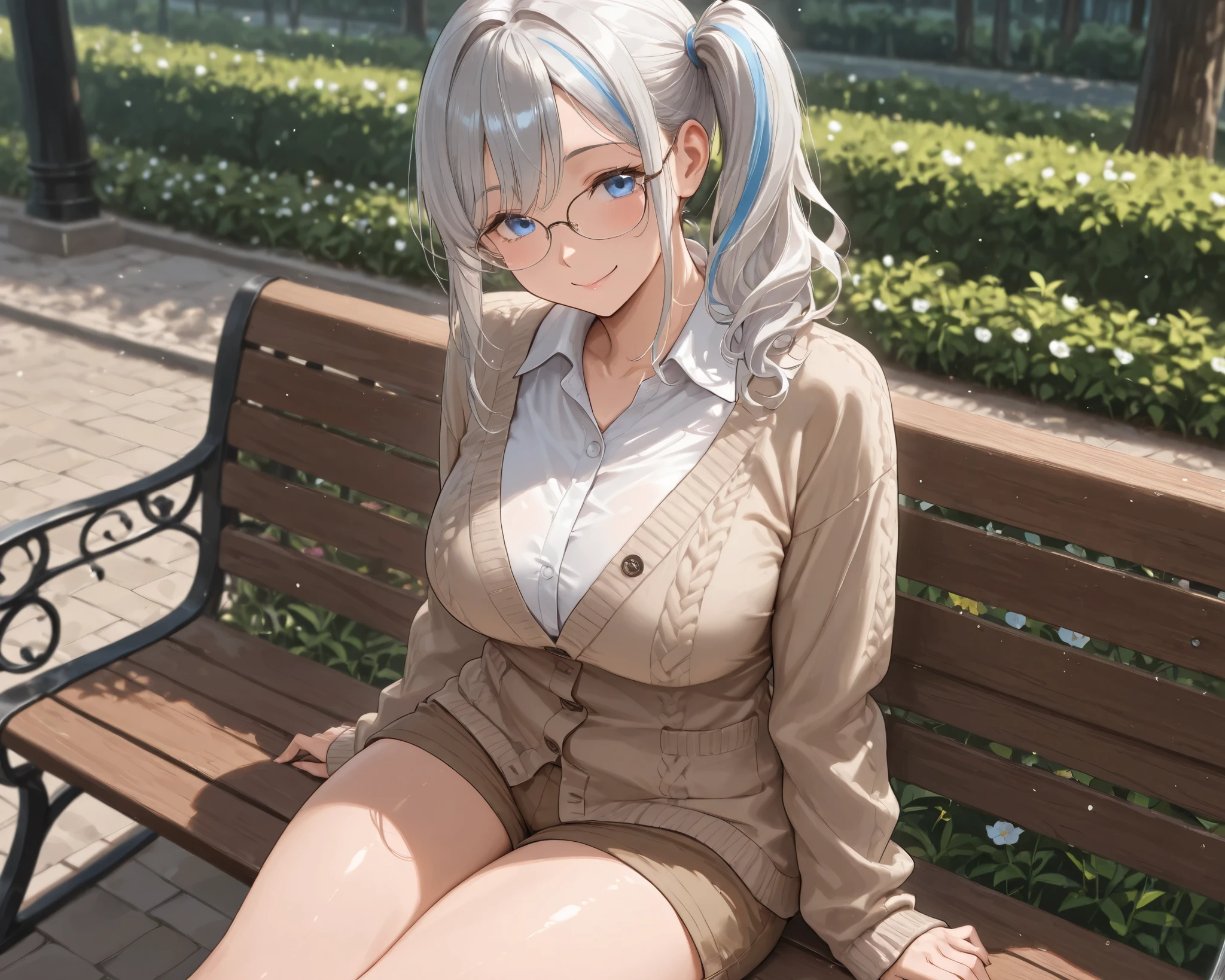 solo、close-up、glasses、mature woman、Full Cheek、very cute face、Tilt your head、 Silver Hair、blue streaked hair、side ponytail、wavy hair、Medium Hair、Blue Eyes、Beautiful girl with a smile like a goddess 、curvy beauty、 Long Sleeve、collared shirt、 buttoned cardigan 、shorts with r、Outdoors、 bench、sit、 downtown、Greatest Masterpiece、Intricate Details、Extremely Absurd
