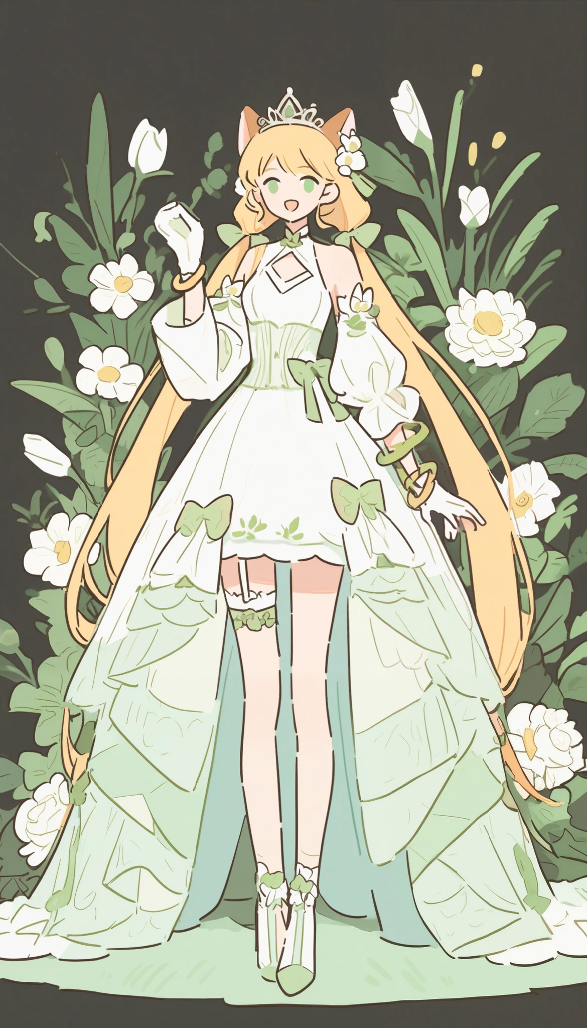 w1w1_v1,p1p1_v1, 1girl, dress, solo, animal ears, long hair, high heels, green eyes, white dress, full body, detached sleeves, flower, blonde hair, puffy sleeves, smile, white flower, cat ears, open mouth, looking at viewer, garter straps, white background, bare shoulders, low twintails, hair ornament, gloves, bow, twintails, hair bow, tiara, hand up, breasts, green bow, floral background, very long hair, white gloves, bracelet, puffy detached sleeves, sleeveless, :d, thigh strap, hair flower, frills, jewelry

