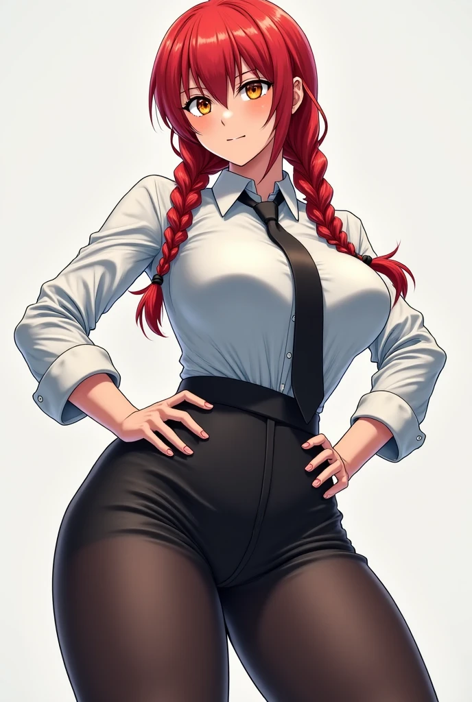 masterpiece, best quality, highly detailed, makima \(chainsaw man\), solo focus, thick thigh, cameltoes, business suit, white shirt, collared shirt, cowbow shot, formal, smile, beautiful eyes, detailed eyes, office background <lora:makimaChainsawMan_1:0.8> <lora:Reiq_08:1>