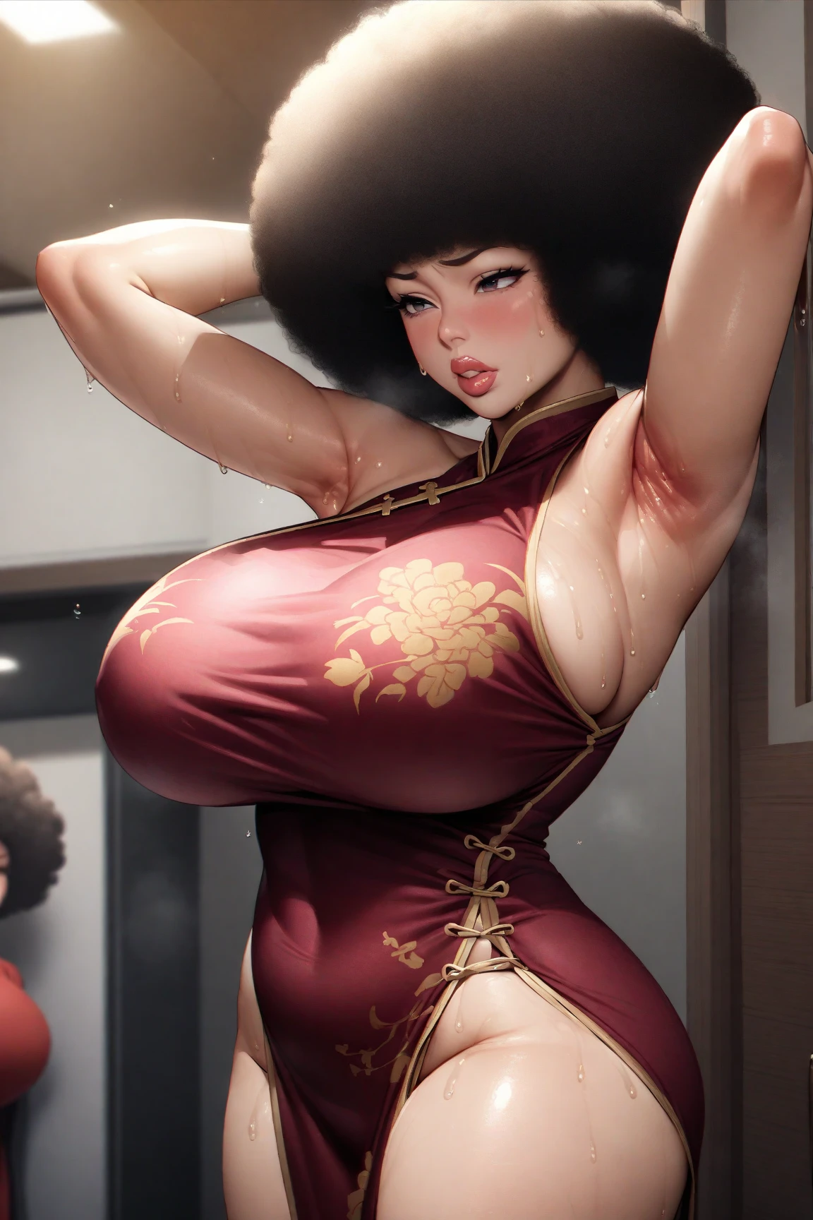 Hot mom,独奏,(:1.3),thick thight,upper legs,Wide buttock,dent in the skin,Double tail,short detailed hair,curlies,ssmile,cheerfulness,(Red lace apron:1.2),cparted lips,plumw,exposed midriff,protruding areolas,gigantic cleavage breasts,4K,realistic humid skin,Armpits,Large curved hips,a variety of poses,Stick out a very long tongue,Fleshy figure,with perfect legs,Hypertrophic,protruding areolas,Bronzed skin,Detailed lips,bubble butt,Dewy,mouth drool,Lick,Place your fingers between your legs,Hungry and thirsty housewives,erected,Wrinkles,Eyes look at the lens,A shy look,Blushing aunt,Two braids,Smooth skin,Very meticulous clothes,Intriguing set,extremly high detail,A detailed face,Gloss on lips,Bronze,onbed,super breasts