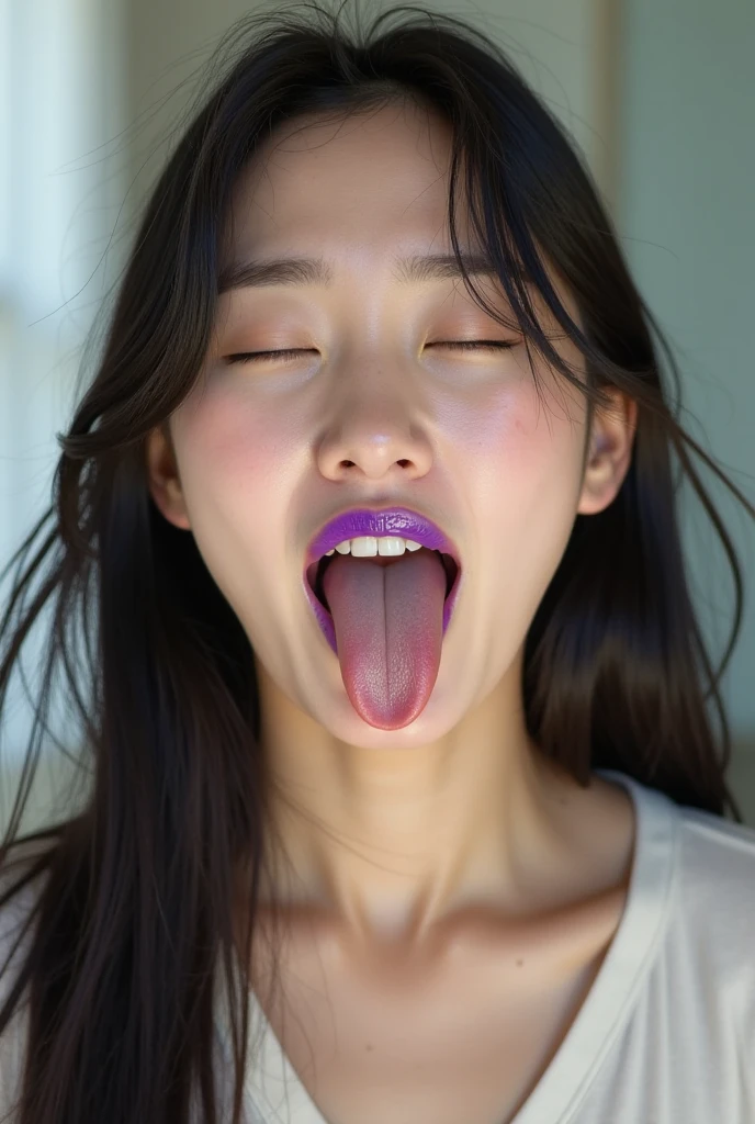 table top,,Awards - Winning Photos, very detailed, bring the eyes into sharp focus, nose and mouth,face focus, woman with open mouth and closed eyes, black camisole、35 years old,black haired、symmetrical face,realistic nostrils、angle from below、elongated C-shaped nostrils,,,,,,,,,,,,,,,,,,,,,,,,,,,,,,,,,,,,NSFW,white background、sweaty skin、Lighting that emphasizes the skin that shines with sweat、((Hook Nose))Skin shiny with sweat、shiny skin、((Wet and glowing tongue))、breathe out to the audience。
