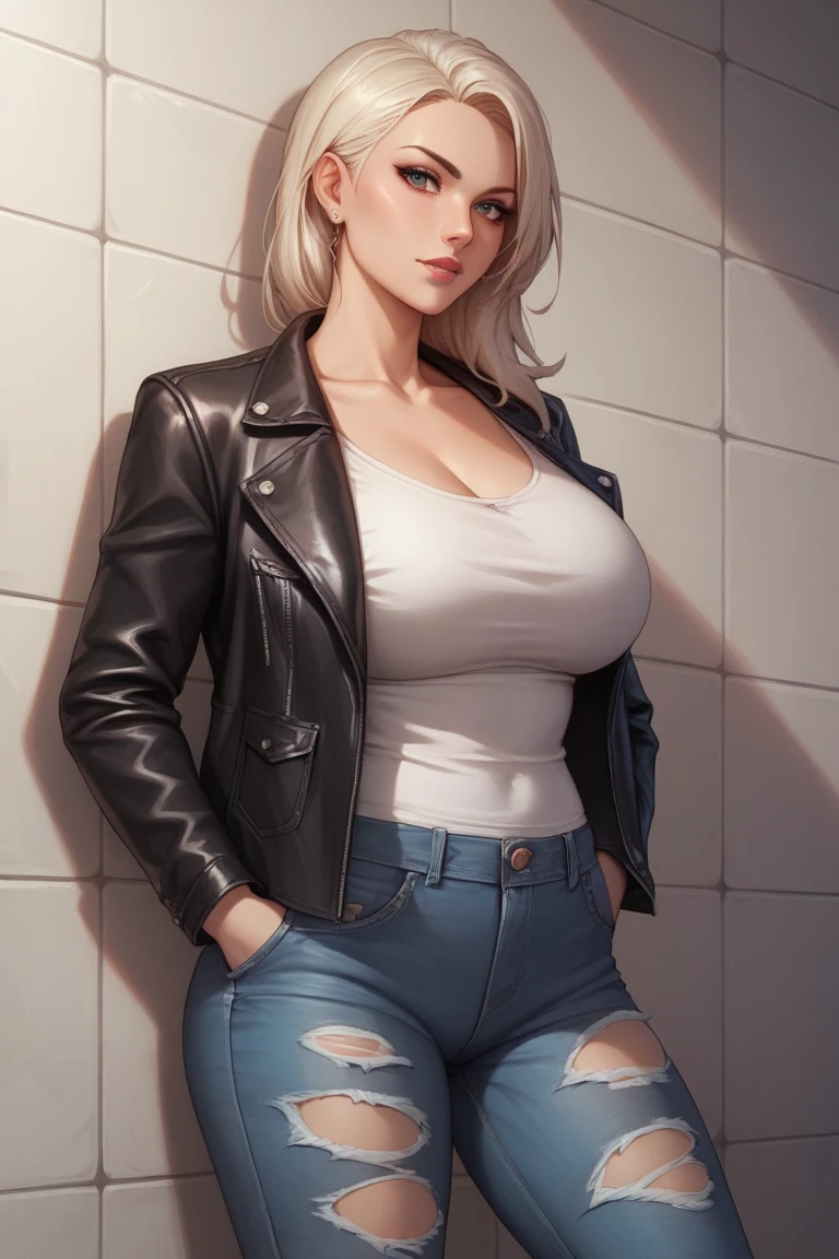 Female in her 20s, Front view, blueish grey hair, ultra realistic concept art, Naked nude, Stick out your chest, Spread your legs slightly apart, sexy smile, Chest pov, (angle from below:1.2), leather jacket