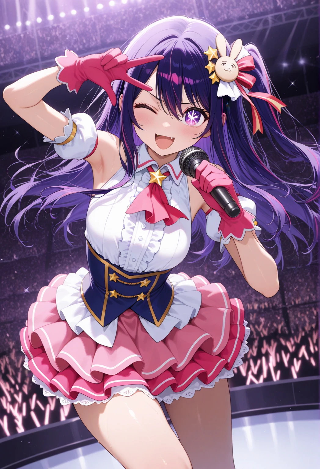 absurdres, highres,
BREAK
looking at viewer, (face focus:1.3), (from front:1.5)
BREAK
(vivid-color:1.3)
BREAK
(one girl:1.3), (loli:1.2), (Hoshino Ai:1.4), (purple hair, streaked hair:1.5), (purple eyes:1.5), (happy smile:1.7), (pointing:1.5), (singing, one arm up, one eye closed, lifting her feet:1.3), twisting waist, (shiny eyes:1.3), (upturned eyes, happy smile:1.2), star-shaped pupils, hairclip, earrings, jewelry, nm1, (gloves:1.2), (frills, pink shirt:1.2), (pointing:1.3), dress pull, Roaring Twenties, sleeveless, shirt, idol, symbol-shaped pupils, (White fluid on the body:1.4), (thighs:1.3), (huge breasts, cleavage:1.3), (face focus:1.2), open mouth, (breast:1.3), round eyes, (blowing in the wind:0.5), (sweat around girl, dripping sweat:1.3), squall (wind:1.2), sense of speed, refreshing breeze, motion blur effect, wind
BREAK
background is (on the Idol stage:1.3), (Stand in the center of the screen:1.3), indoors, idol live, wind, (Colorful spotlights:1.7)
BREAK
magnificent view, (10,000 people spectators:1.3), light particles, (confetti:1.4), dynamic angle, dutch angle, perspective
BREAK
(night, spot light:1.5), depth of field, bokeh, light leaks, (chromatic aberration:1.2)
BREAK
