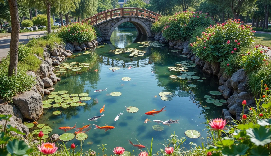 The shore of a clear pond with water lilies, colorful carp swimming, a small stream flowing into the pond, a small bridge over it, summer sunlight, bright summer flowers, a walkway around the pond, top quality images