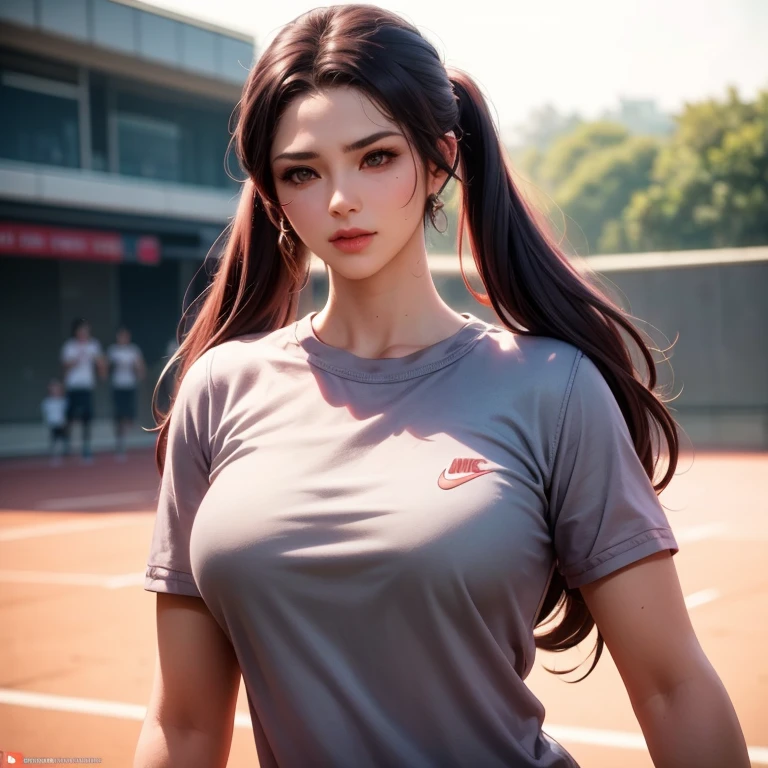 best quality, masterpiece, high_res, 1girl, Beautiful face, photo realistic, rim lighting, (high detailed skin:1.2), 8k uhd, dslr, high quality, high resolution, 4k, 8k, Bokeh, medium breasts, absurdres, ponytail contorted, best ratio four finger and one thumb, drenched shirt, drenched body, no bra, (realistic:1.2), gym uniform, dimly lit, backlighting, dark, highly detailed